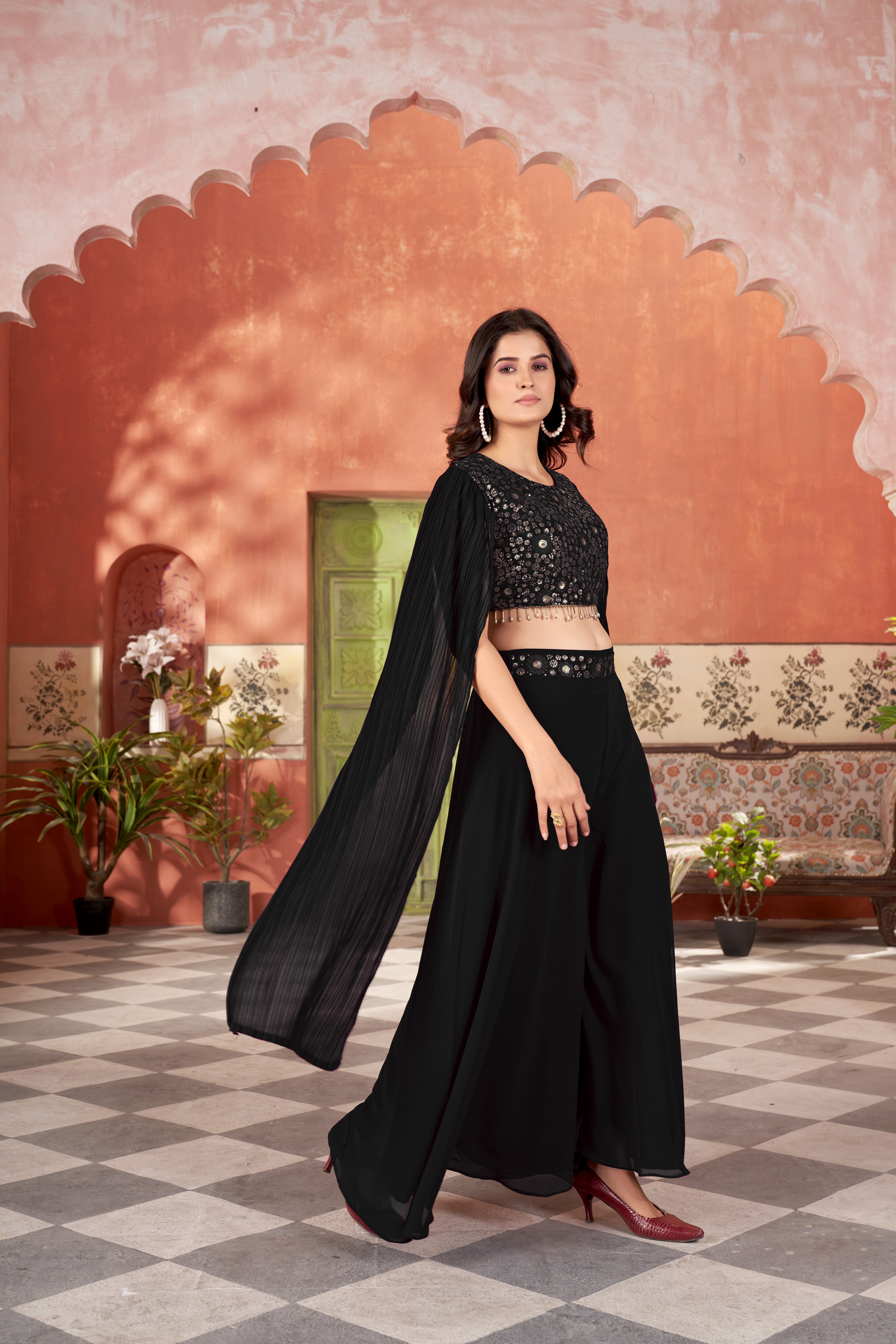Black Women’s Crop Top & Palazzo Set – Stylish Ethnic & Festive Wear