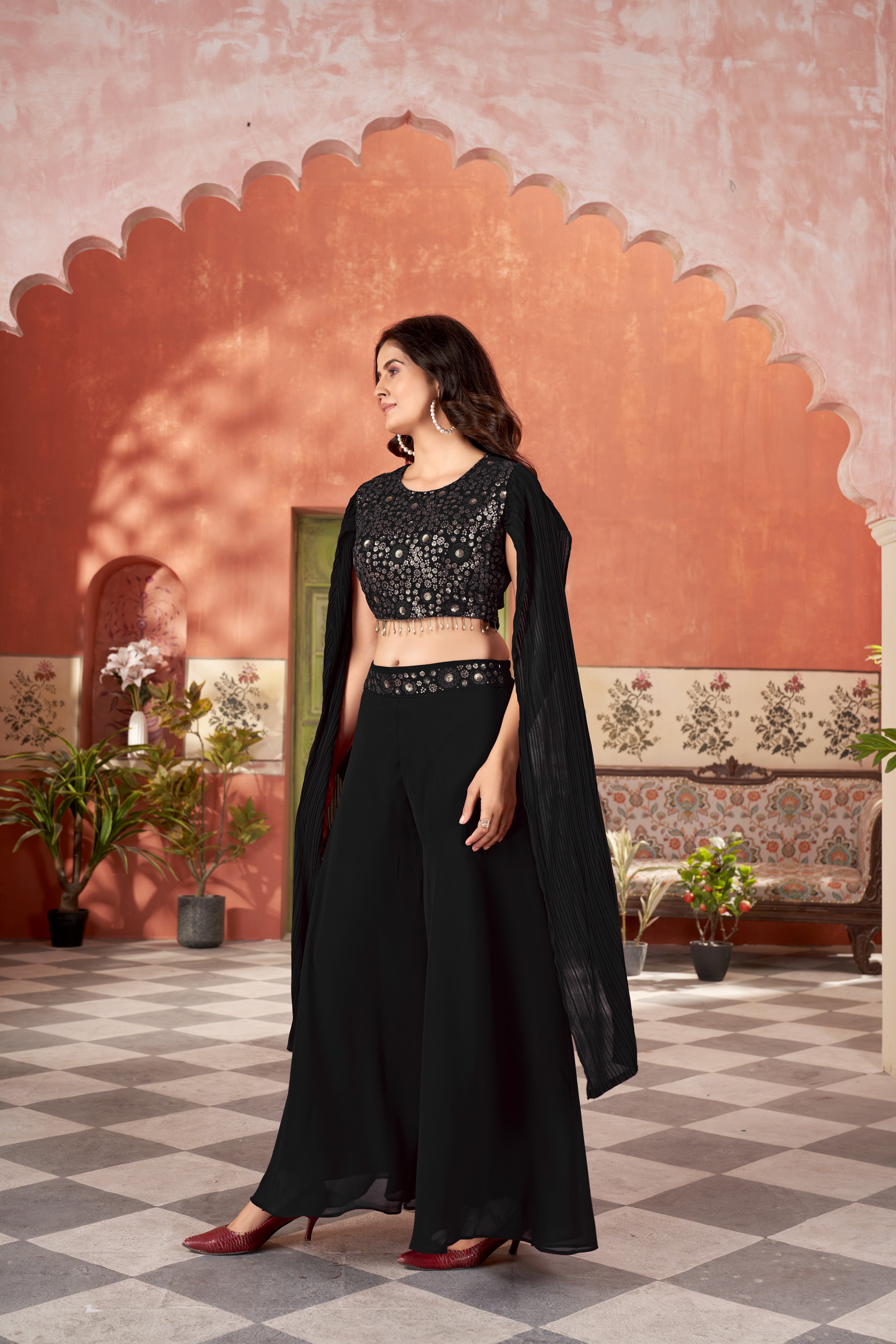 Black Women’s Crop Top & Palazzo Set – Stylish Ethnic & Festive Wear