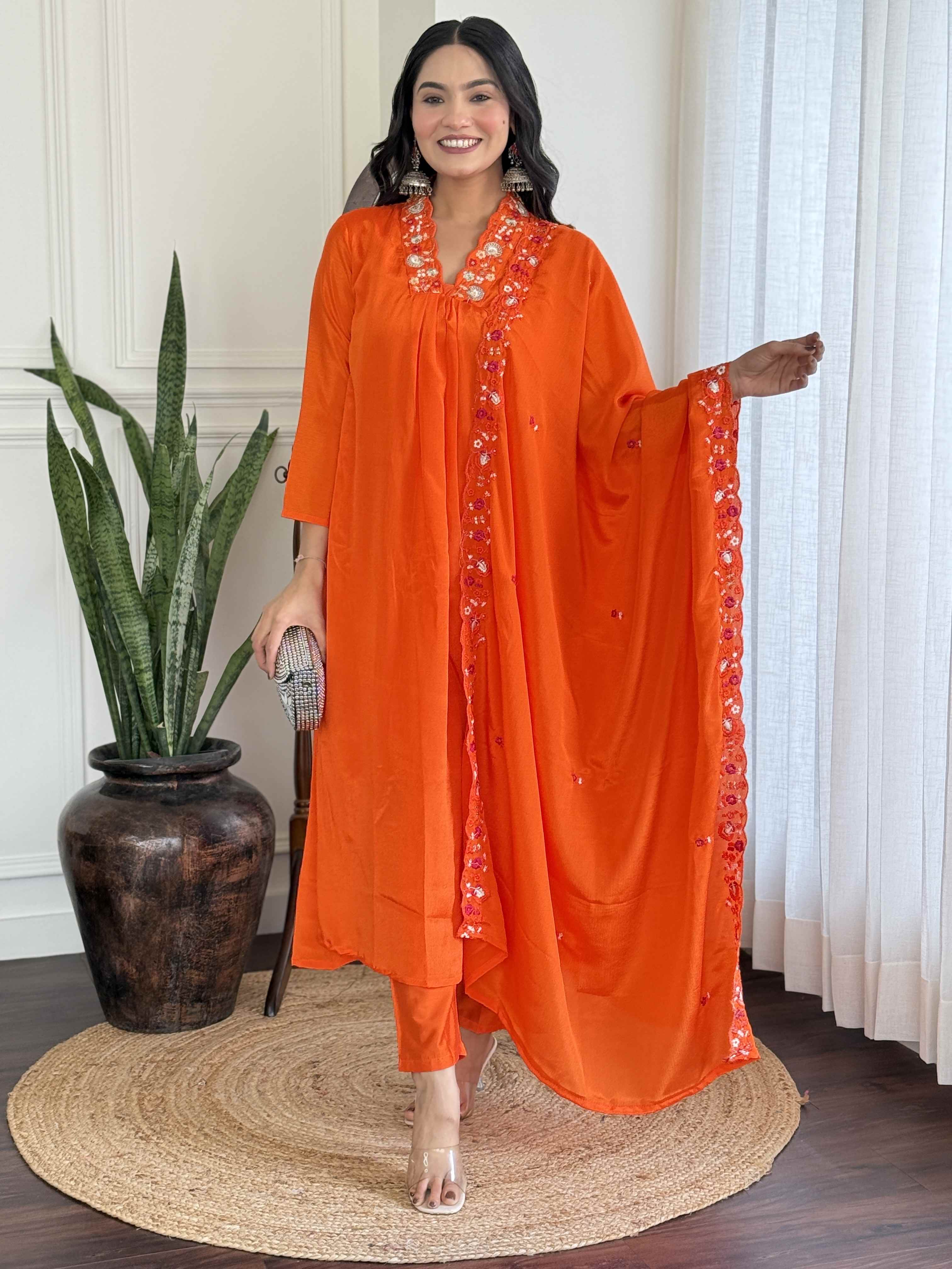 Women's Orange Viscose Chinnon Embroidered Kurta Set with Matching Chinnon Dupatta