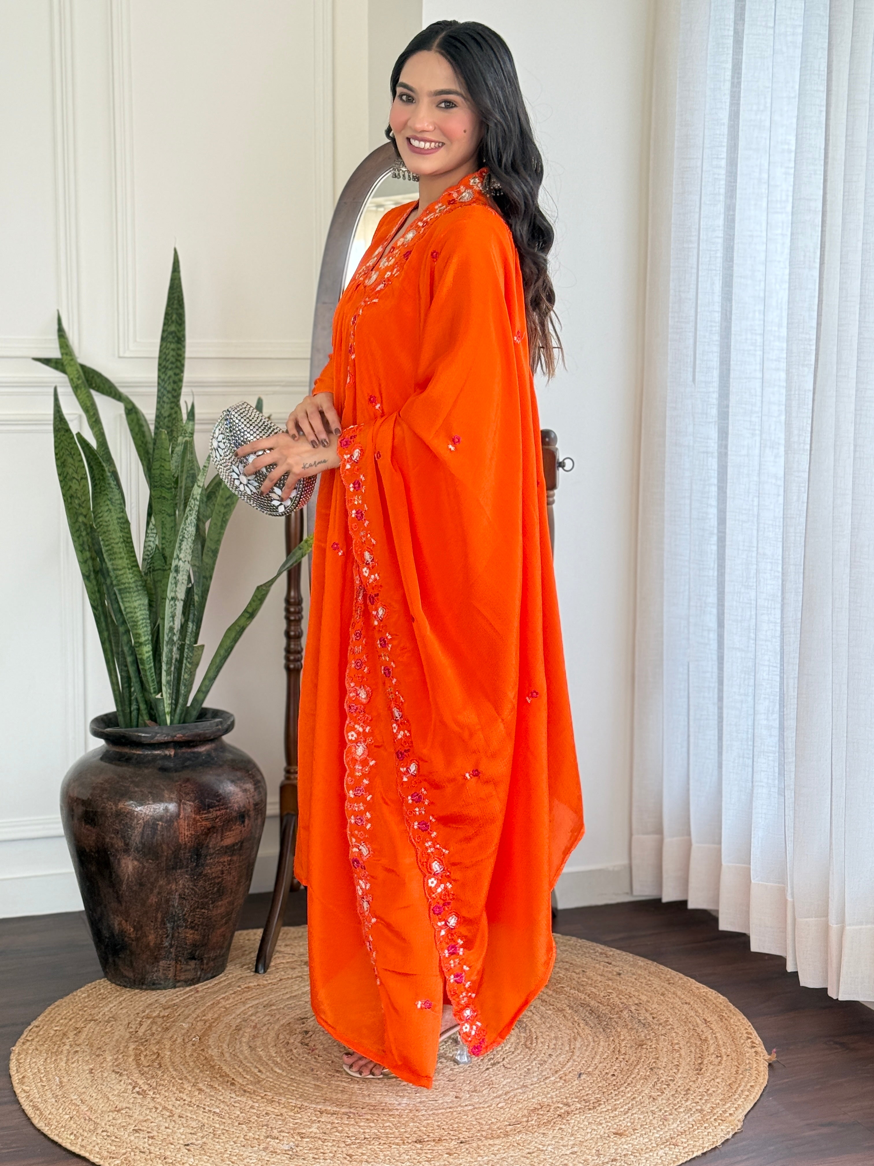 Women's Orange Viscose Chinnon Embroidered Kurta Set with Matching Chinnon Dupatta
