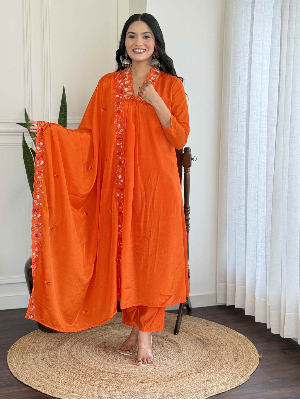 Women's Orange Viscose Chinnon Embroidered Kurta Set with Matching Chinnon Dupatta