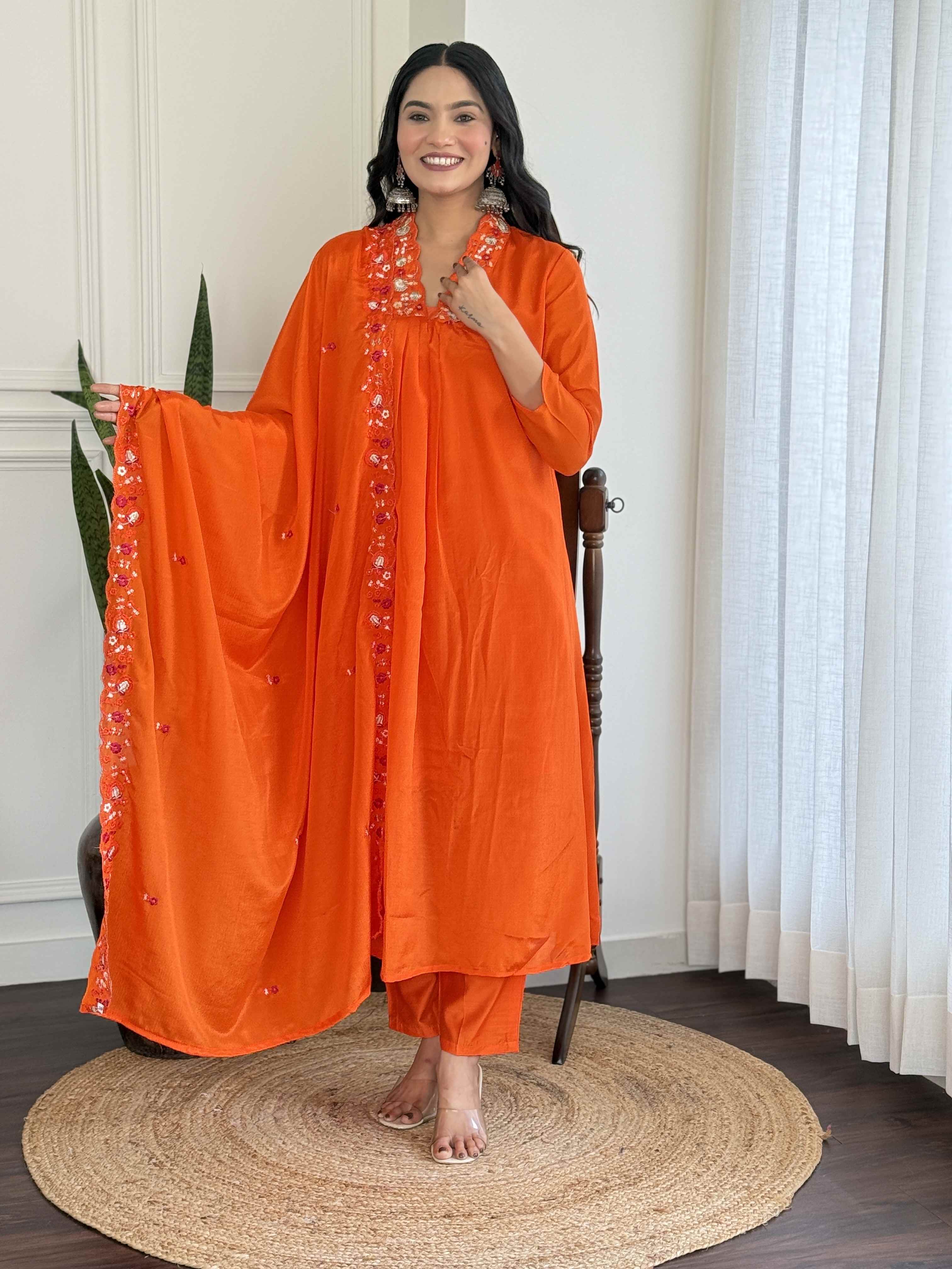 Women's Orange Viscose Chinnon Embroidered Kurta Set with Matching Chinnon Dupatta