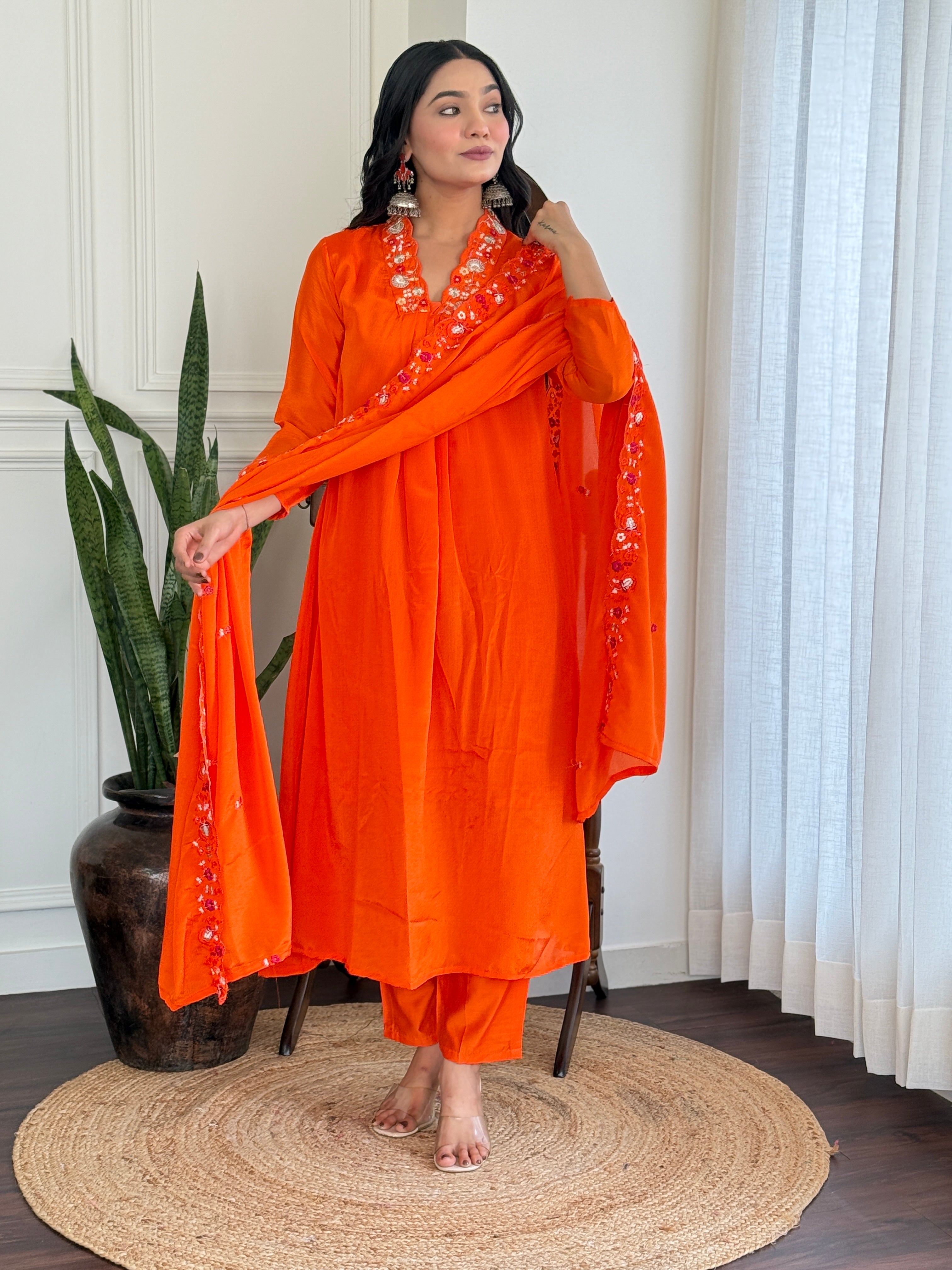 Women's Orange Viscose Chinnon Embroidered Kurta Set with Matching Chinnon Dupatta