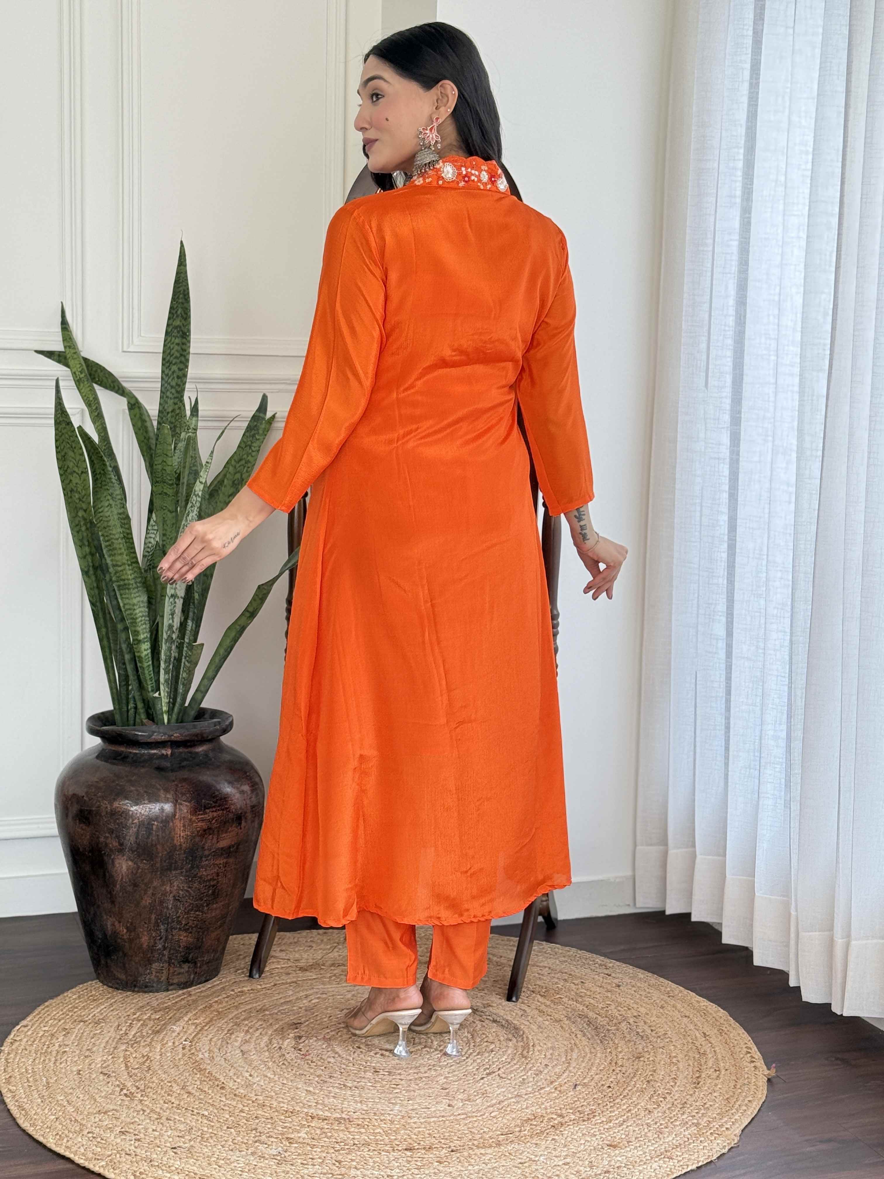 Women's Orange Viscose Chinnon Embroidered Kurta Set with Matching Chinnon Dupatta