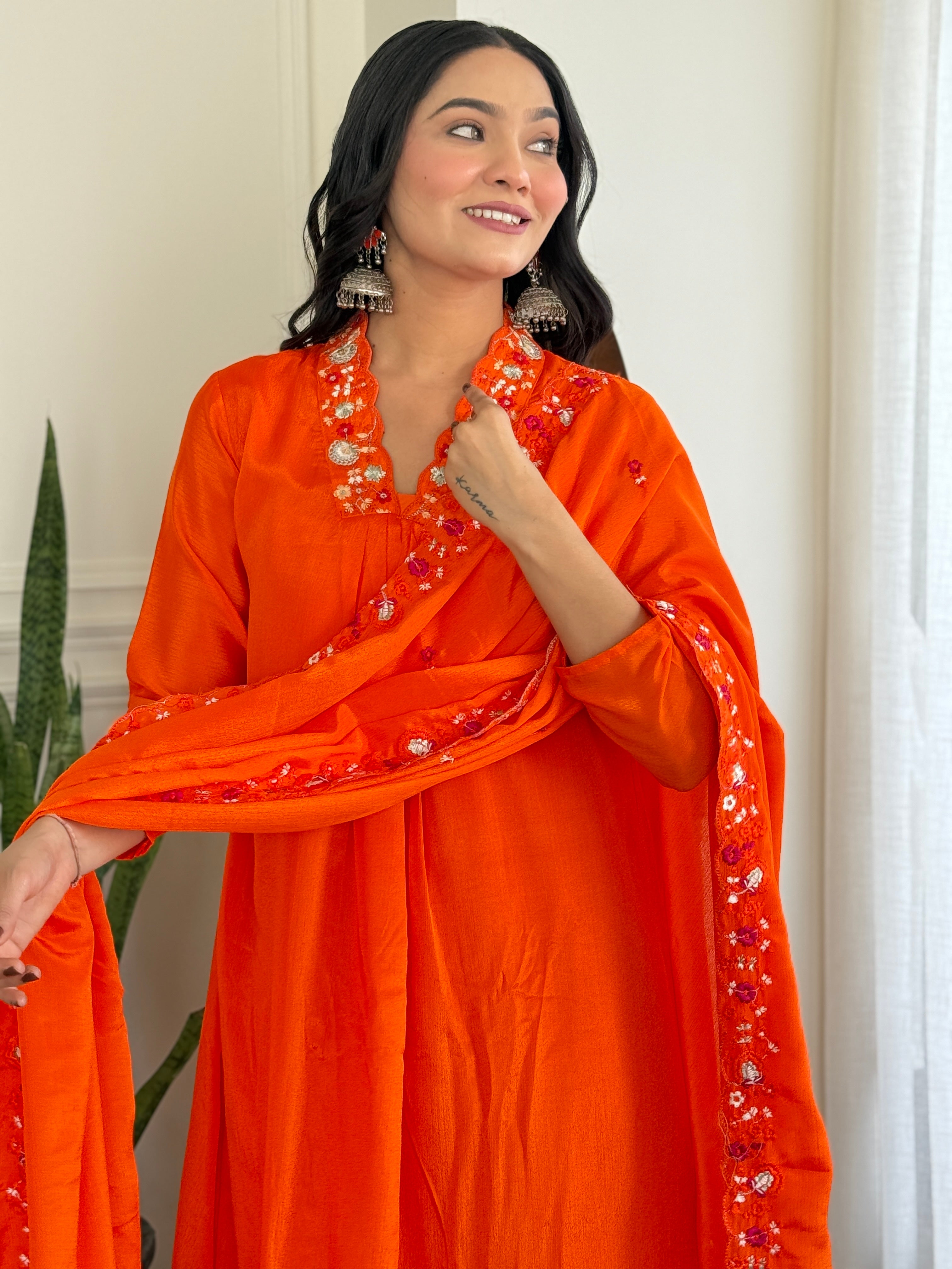 Women's Orange Viscose Chinnon Embroidered Kurta Set with Matching Chinnon Dupatta