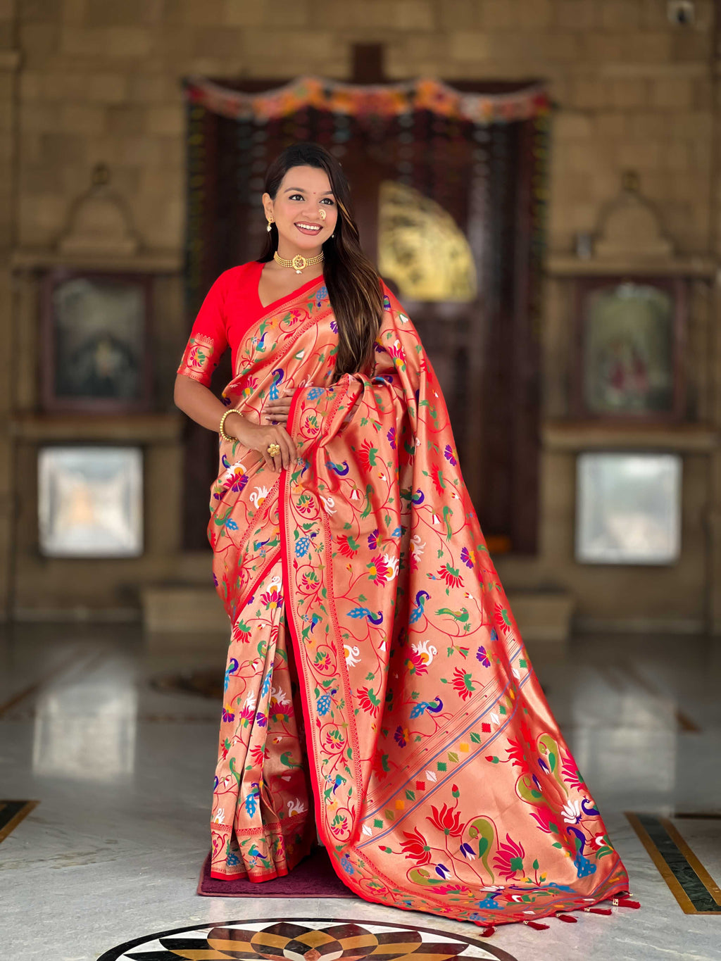 Orange Soft kanjivaram paithani silk saree with zari weaving Meenakari design all over the saree & Meenakari weawing Rich pallu with Meenakari weawing swan border & tessels attached at Pallu End. Blouse :- Soft silk weawing blouse piece