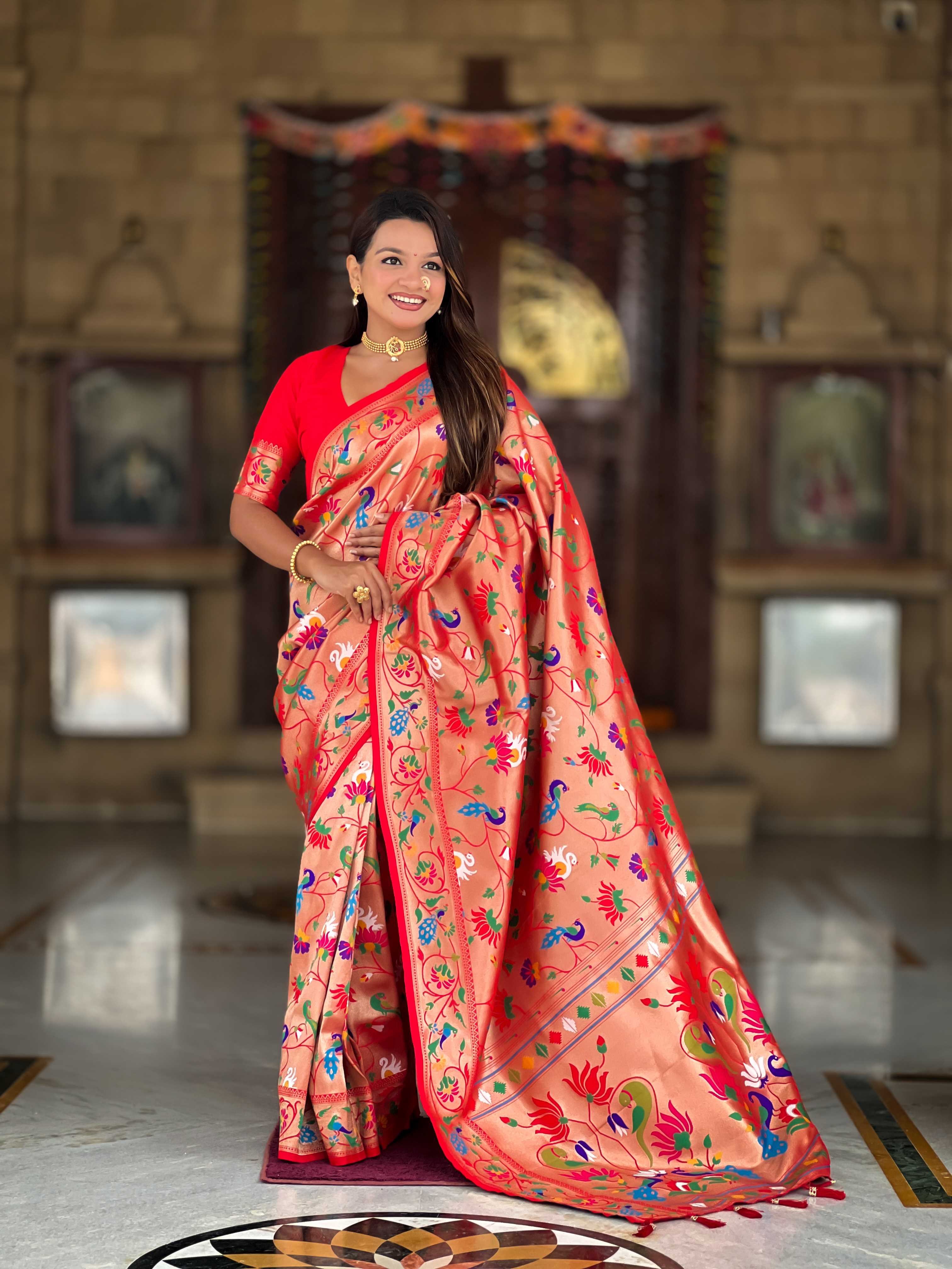 Orange Soft kanjivaram paithani silk saree with zari weaving Meenakari design all over the saree & Meenakari weawing Rich pallu with Meenakari weawing swan border & tessels attached at Pallu End. Blouse :- Soft silk weawing blouse piece