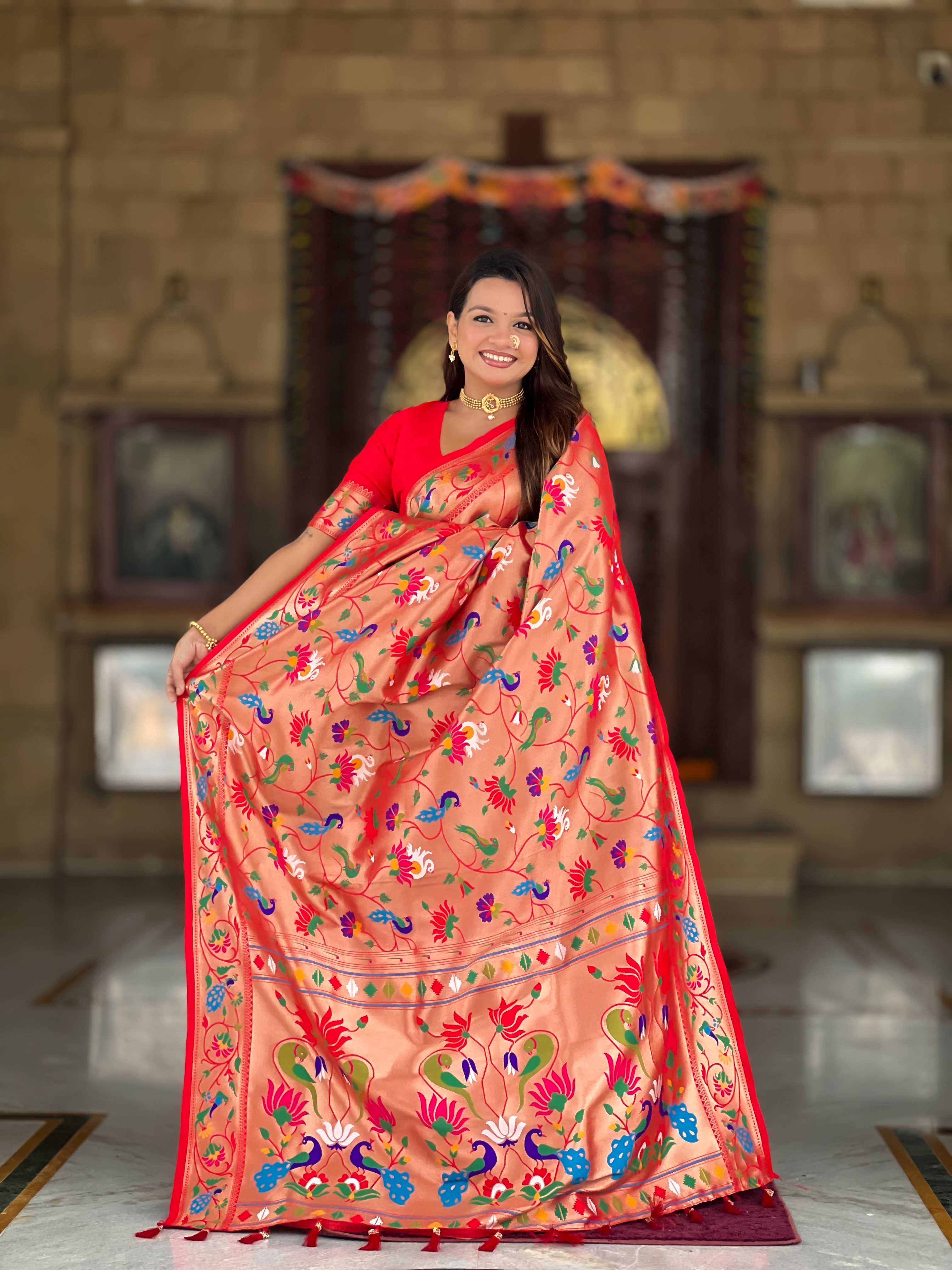 Orange Soft kanjivaram paithani silk saree with zari weaving Meenakari design all over the saree & Meenakari weawing Rich pallu with Meenakari weawing swan border & tessels attached at Pallu End. Blouse :- Soft silk weawing blouse piece