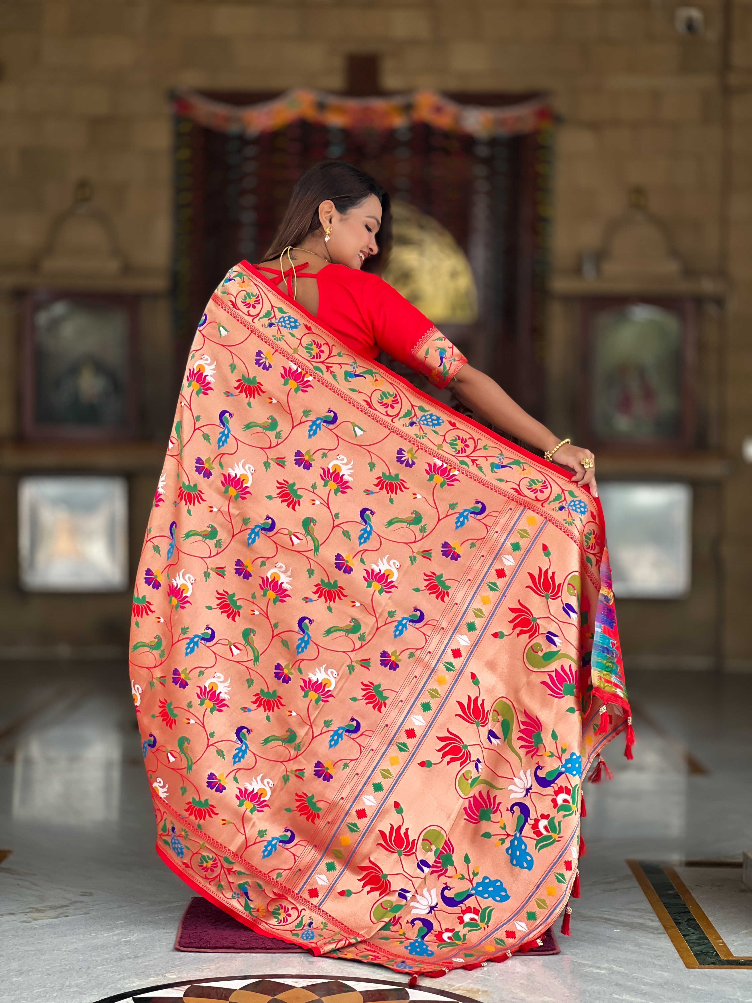 Orange Soft kanjivaram paithani silk saree with zari weaving Meenakari design all over the saree & Meenakari weawing Rich pallu with Meenakari weawing swan border & tessels attached at Pallu End. Blouse :- Soft silk weawing blouse piece