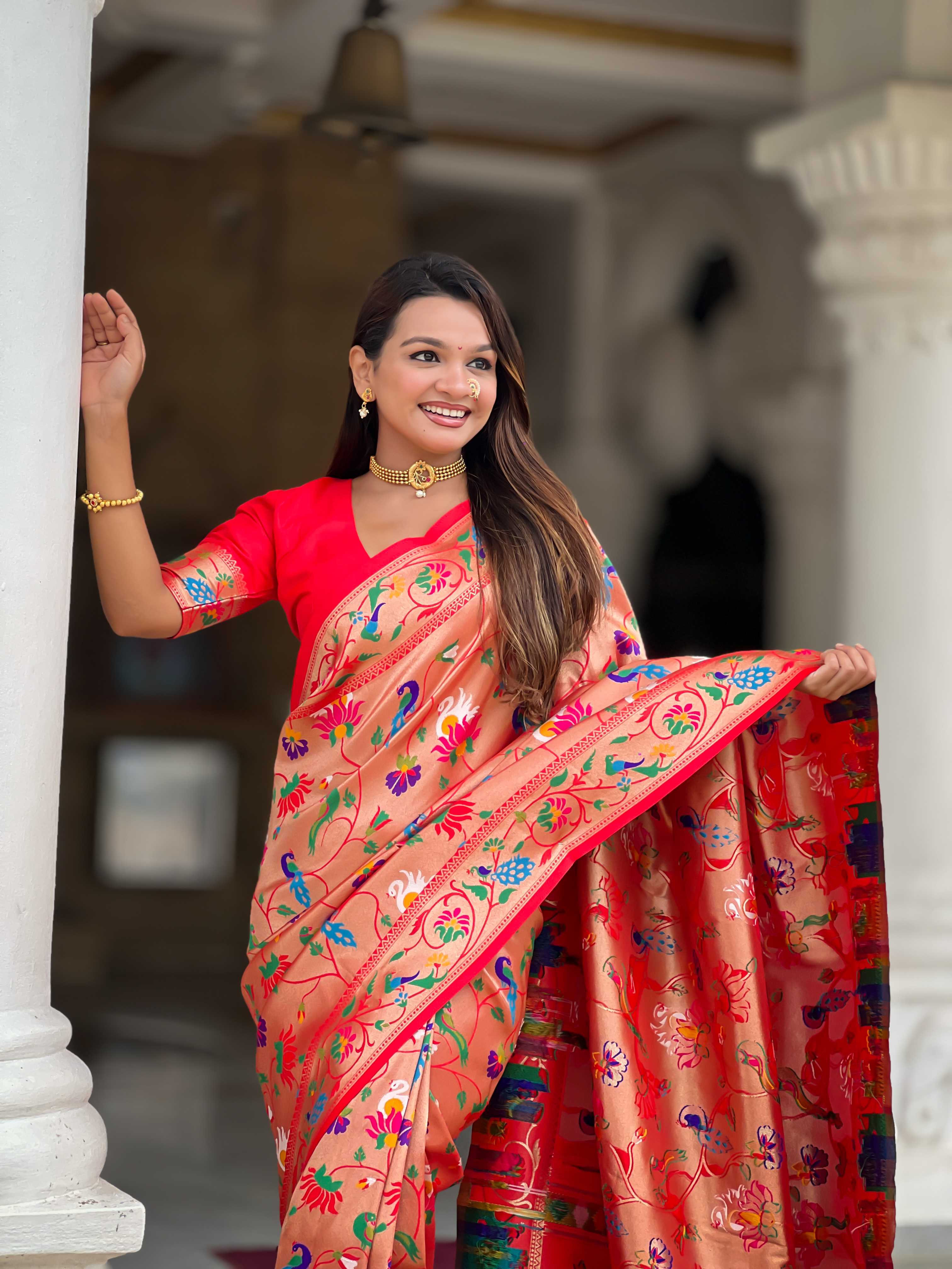 Orange Soft kanjivaram paithani silk saree with zari weaving Meenakari design all over the saree & Meenakari weawing Rich pallu with Meenakari weawing swan border & tessels attached at Pallu End. Blouse :- Soft silk weawing blouse piece