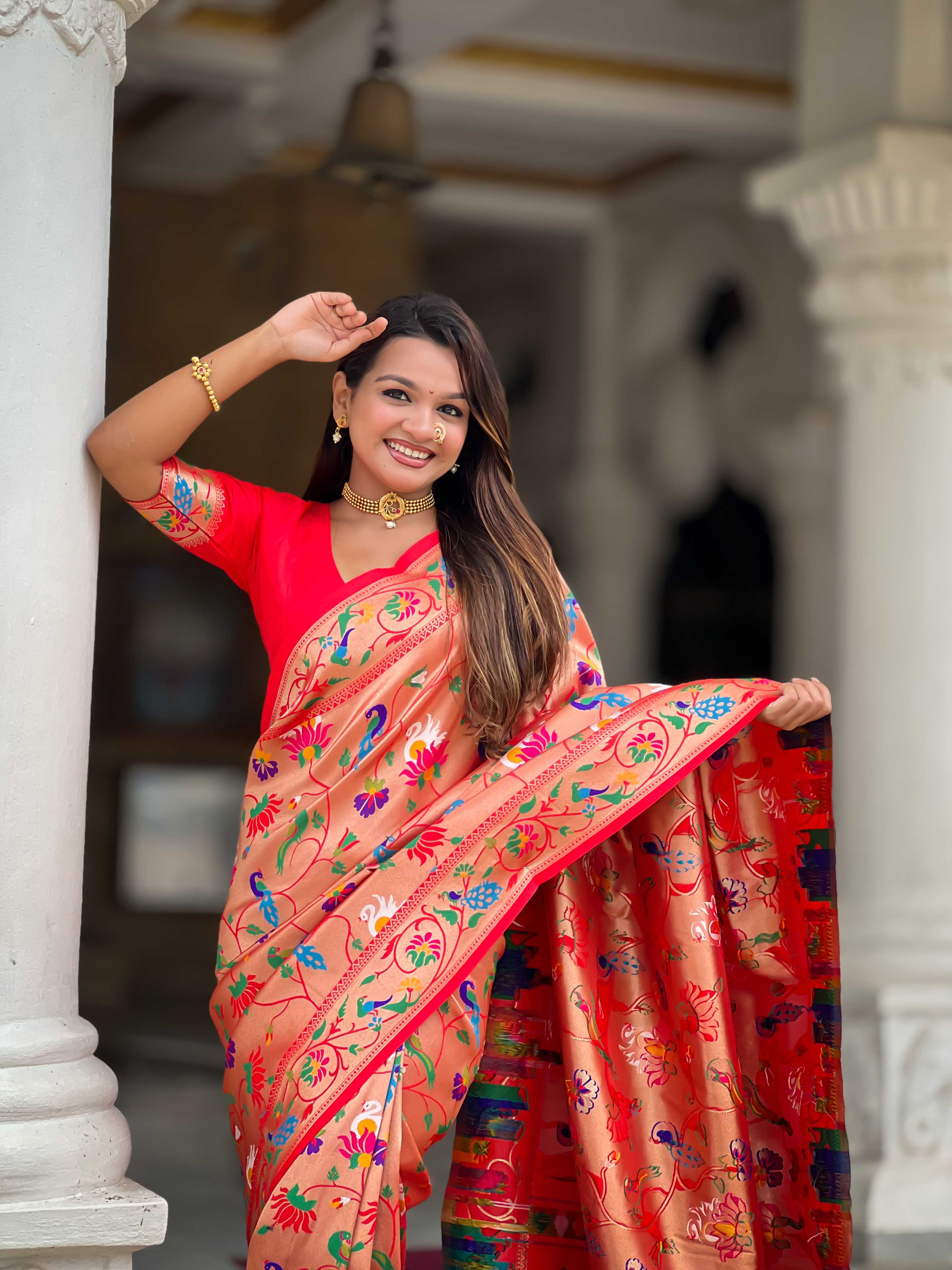 Orange Soft kanjivaram paithani silk saree with zari weaving Meenakari design all over the saree & Meenakari weawing Rich pallu with Meenakari weawing swan border & tessels attached at Pallu End. Blouse :- Soft silk weawing blouse piece