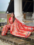 Orange Soft kanjivaram paithani silk saree with zari weaving Meenakari design all over the saree & Meenakari weawing Rich pallu with Meenakari weawing swan border & tessels attached at Pallu End. Blouse :- Soft silk weawing blouse piece