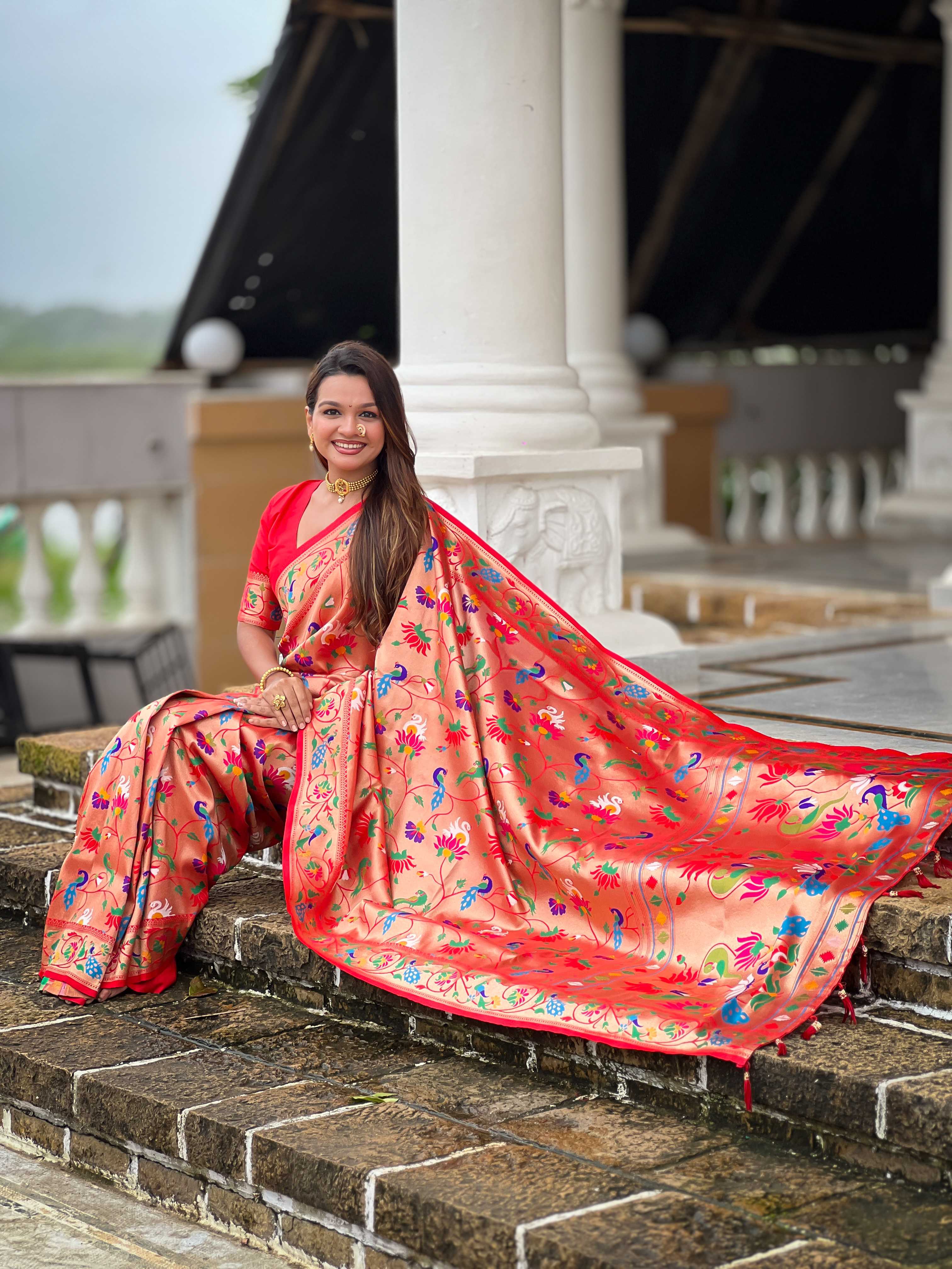 Orange Soft kanjivaram paithani silk saree with zari weaving Meenakari design all over the saree & Meenakari weawing Rich pallu with Meenakari weawing swan border & tessels attached at Pallu End. Blouse :- Soft silk weawing blouse piece