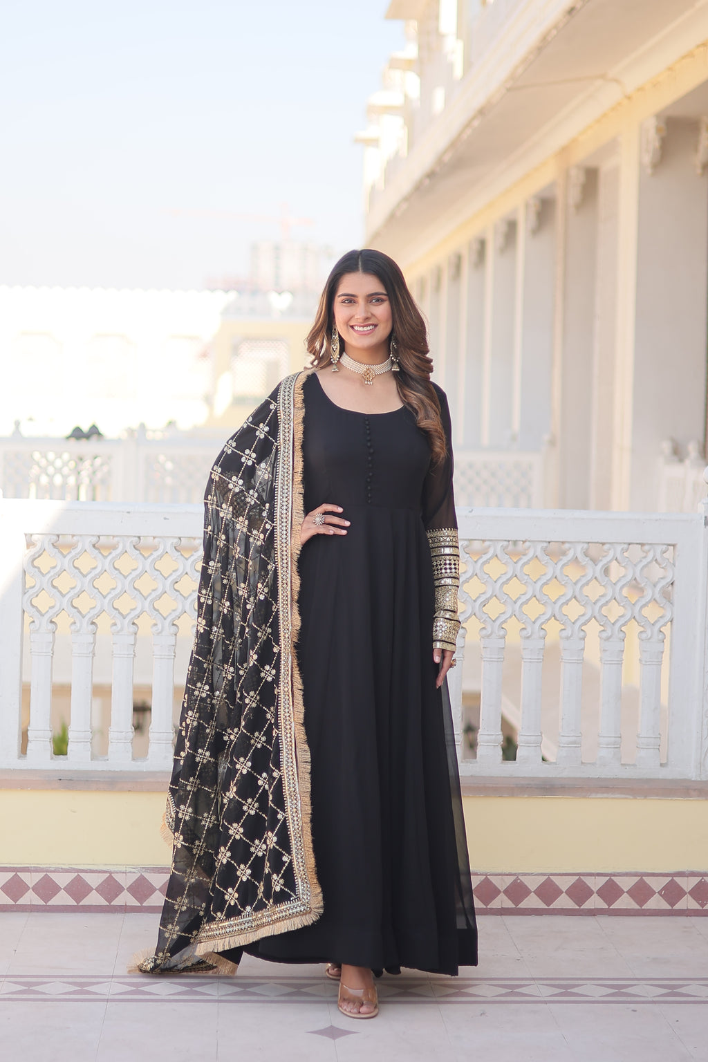 Women’s Black Faux Blooming Gown with Dupatta – Embroidered Sequins & Lace Border