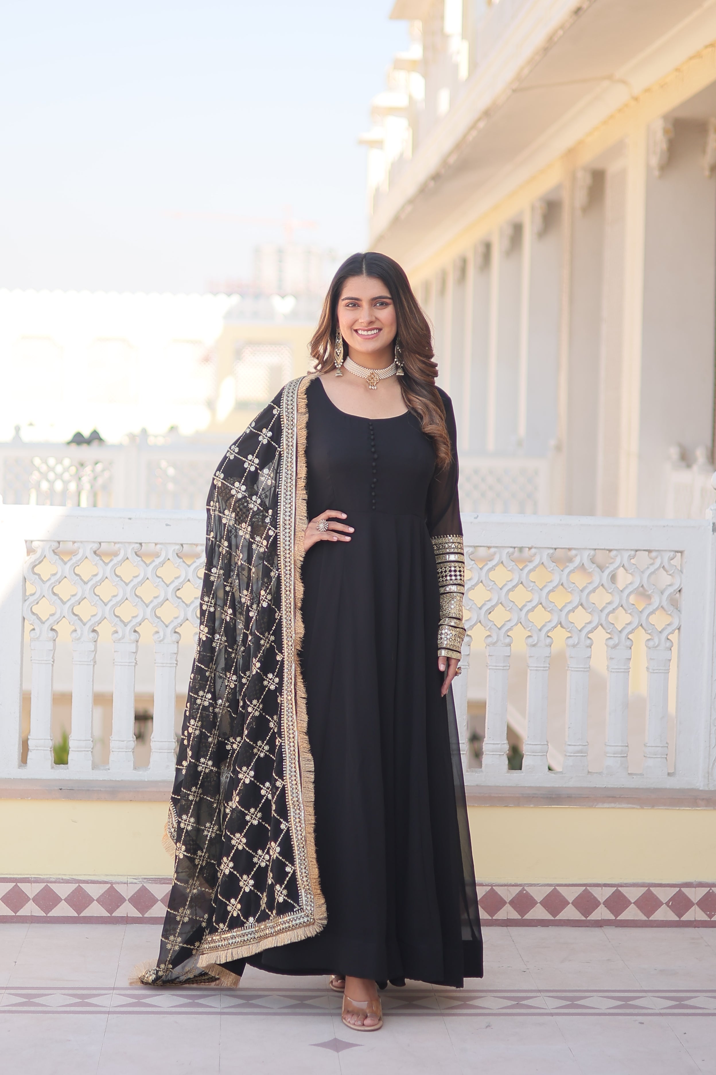 Women’s Black Faux Blooming Gown with Dupatta – Embroidered Sequins & Lace Border