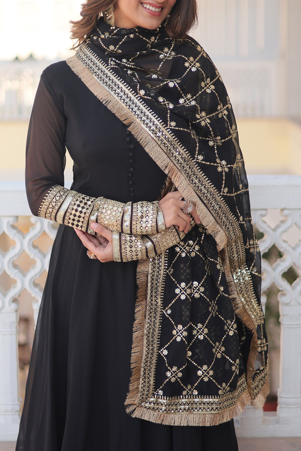 Women’s Black Faux Blooming Gown with Dupatta – Embroidered Sequins & Lace Border