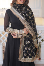 Women’s Black Faux Blooming Gown with Dupatta – Embroidered Sequins & Lace Border