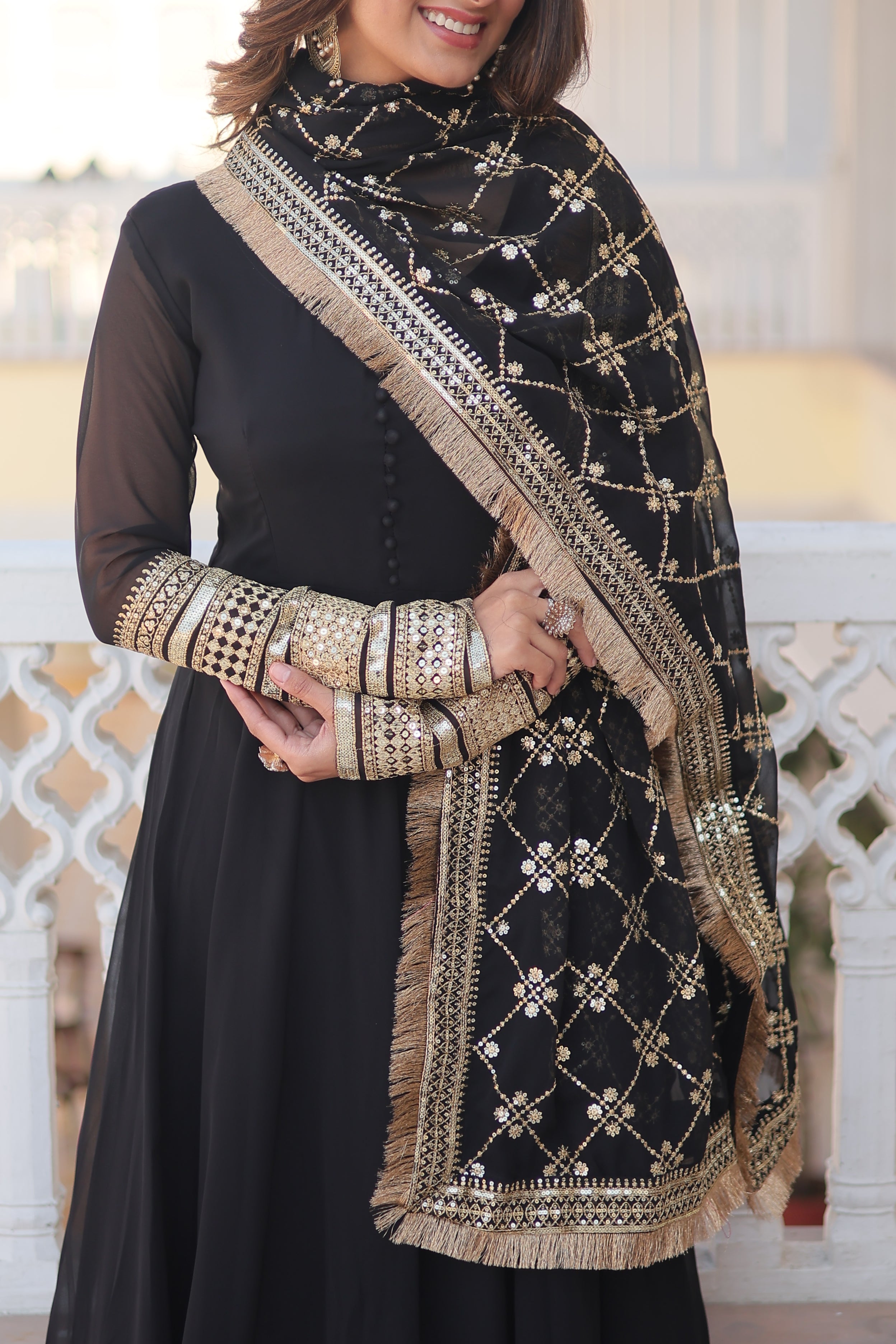 Women’s Black Faux Blooming Gown with Dupatta – Embroidered Sequins & Lace Border