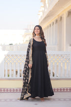 Women’s Black Faux Blooming Gown with Dupatta – Embroidered Sequins & Lace Border