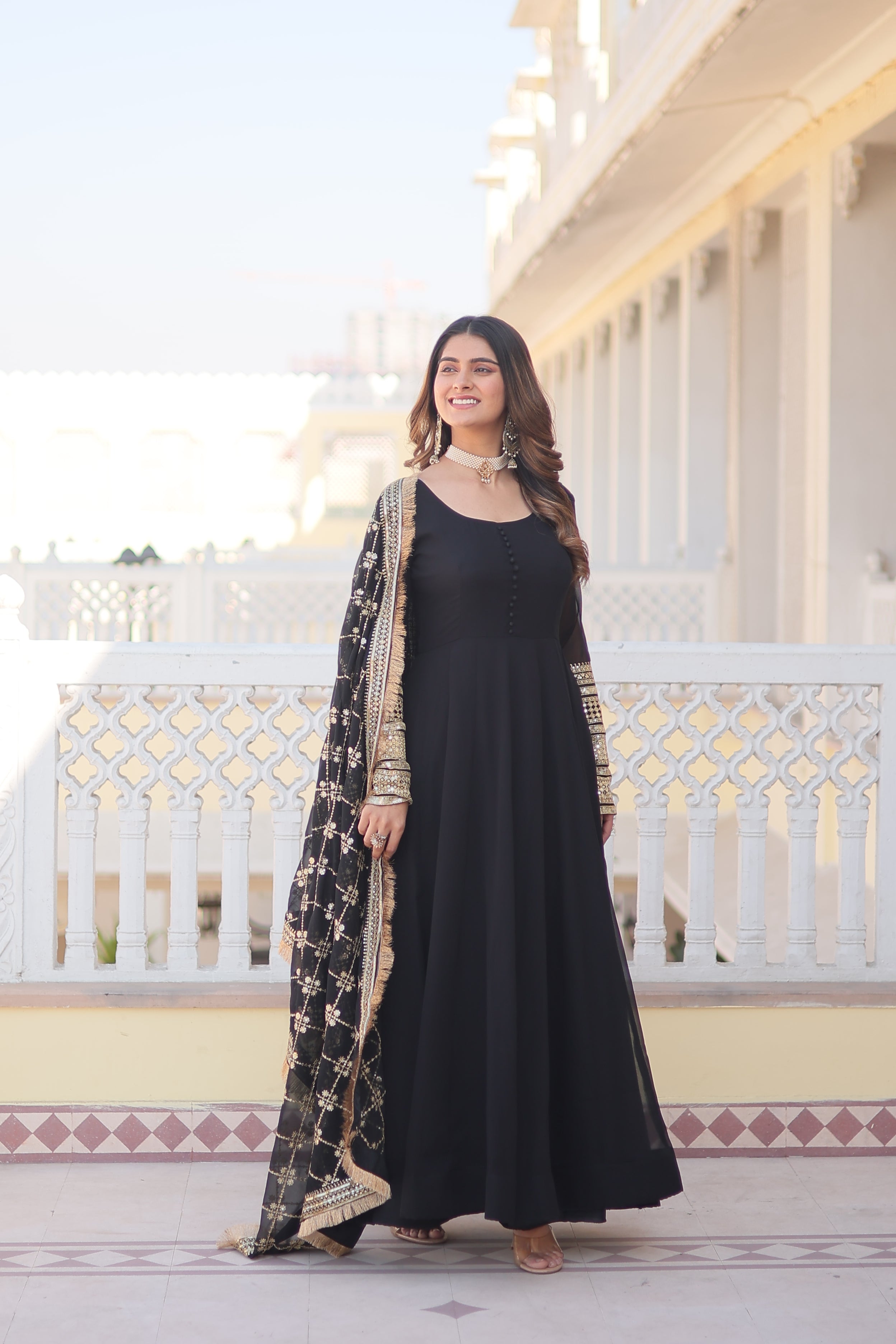 Women’s Black Faux Blooming Gown with Dupatta – Embroidered Sequins & Lace Border