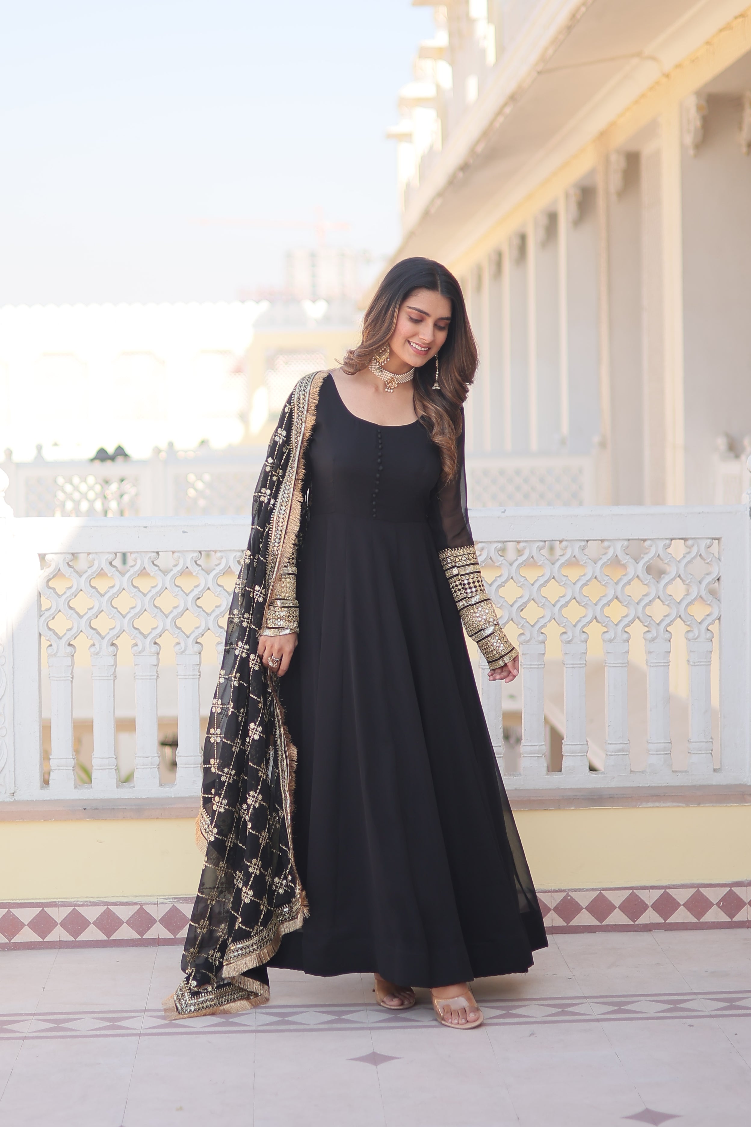 Women’s Black Faux Blooming Gown with Dupatta – Embroidered Sequins & Lace Border