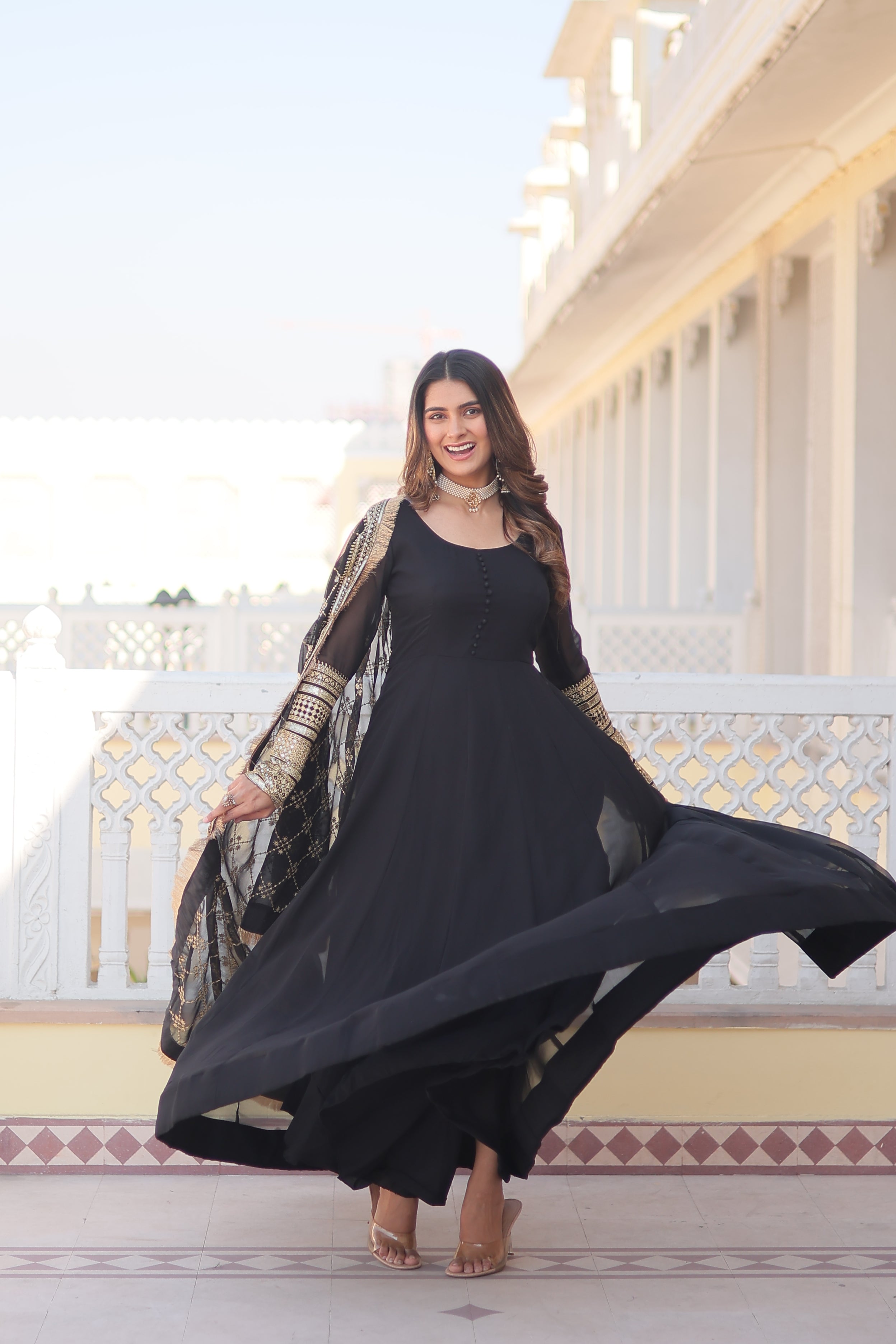 Women’s Black Faux Blooming Gown with Dupatta – Embroidered Sequins & Lace Border
