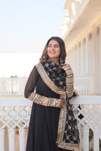 Women’s Black Faux Blooming Gown with Dupatta – Embroidered Sequins & Lace Border