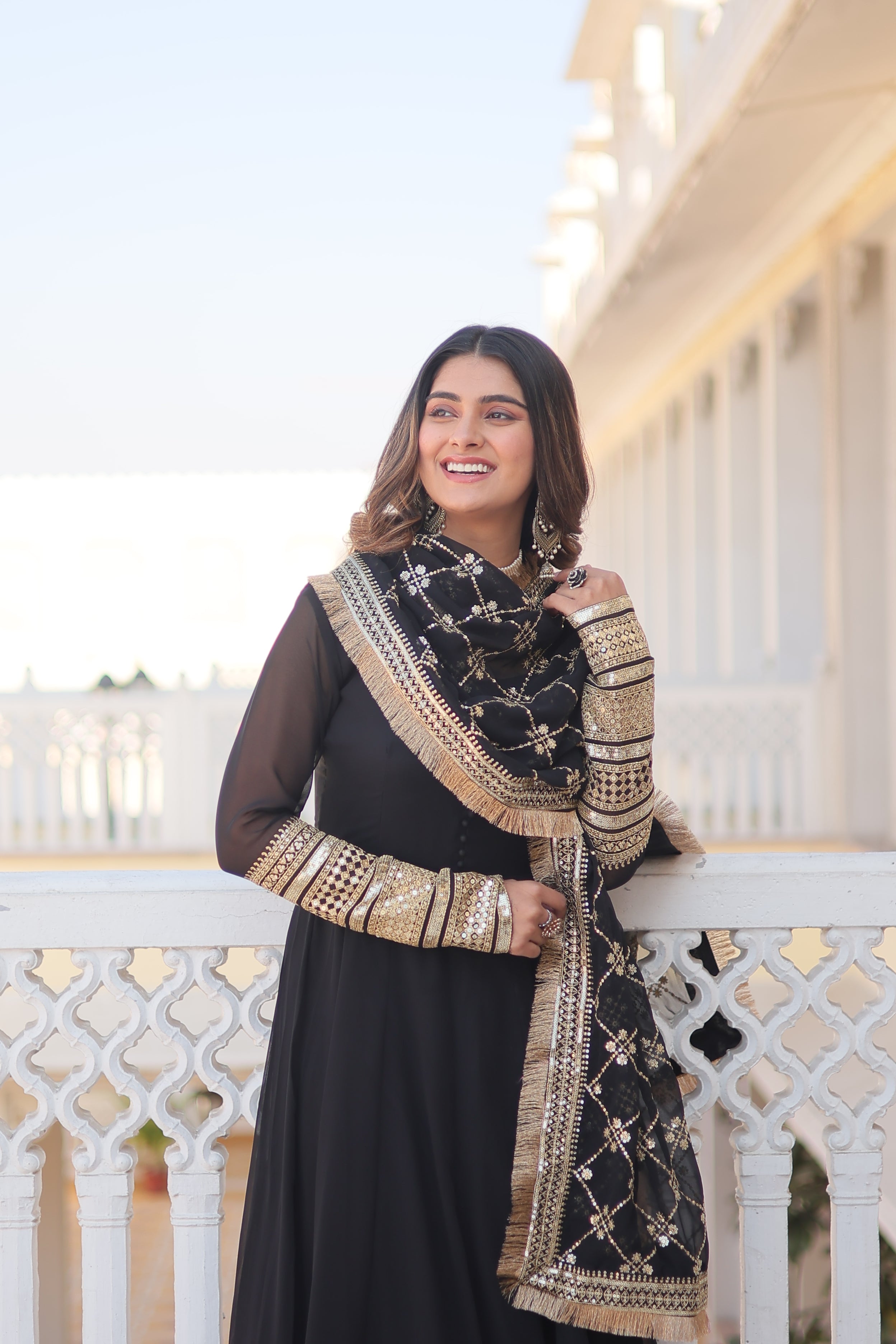 Women’s Black Faux Blooming Gown with Dupatta – Embroidered Sequins & Lace Border