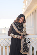 Women’s Black Faux Blooming Gown with Dupatta – Embroidered Sequins & Lace Border