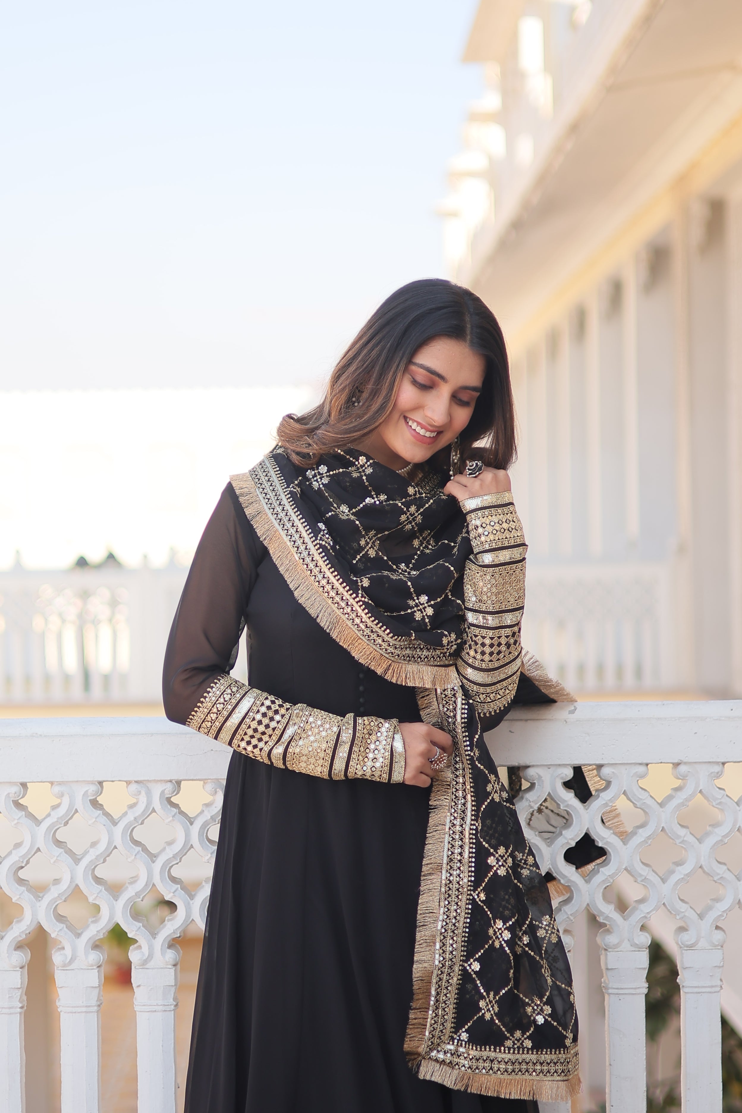Women’s Black Faux Blooming Gown with Dupatta – Embroidered Sequins & Lace Border