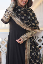 Women’s Black Faux Blooming Gown with Dupatta – Embroidered Sequins & Lace Border