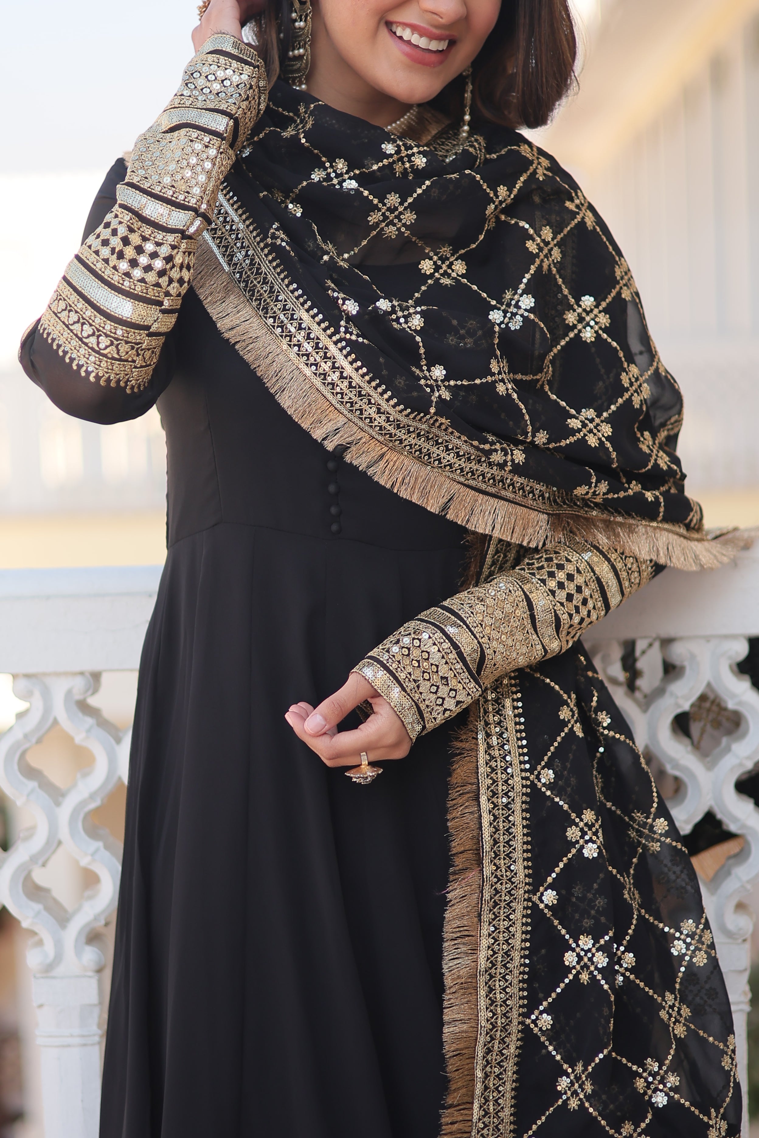 Women’s Black Faux Blooming Gown with Dupatta – Embroidered Sequins & Lace Border