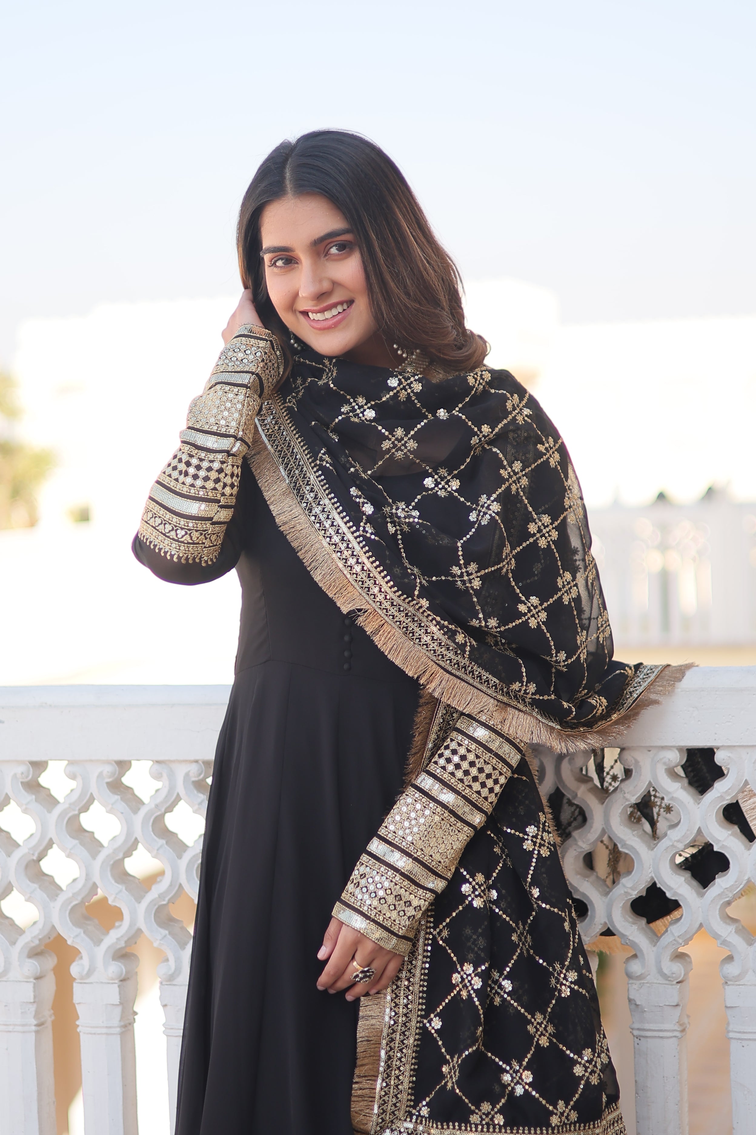 Women’s Black Faux Blooming Gown with Dupatta – Embroidered Sequins & Lace Border