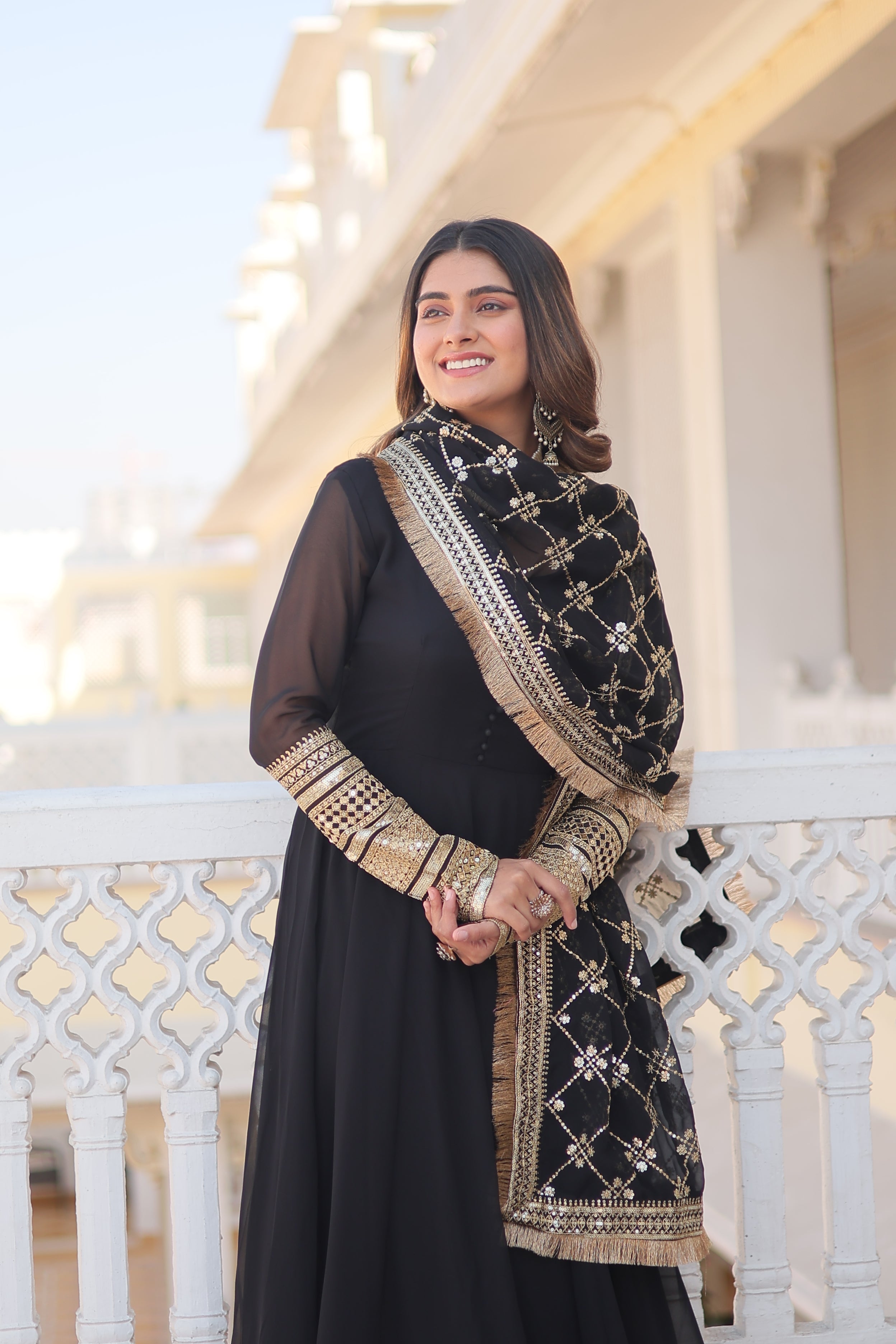 Women’s Black Faux Blooming Gown with Dupatta – Embroidered Sequins & Lace Border