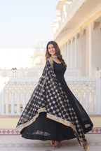 Women’s Black Faux Blooming Gown with Dupatta – Embroidered Sequins & Lace Border