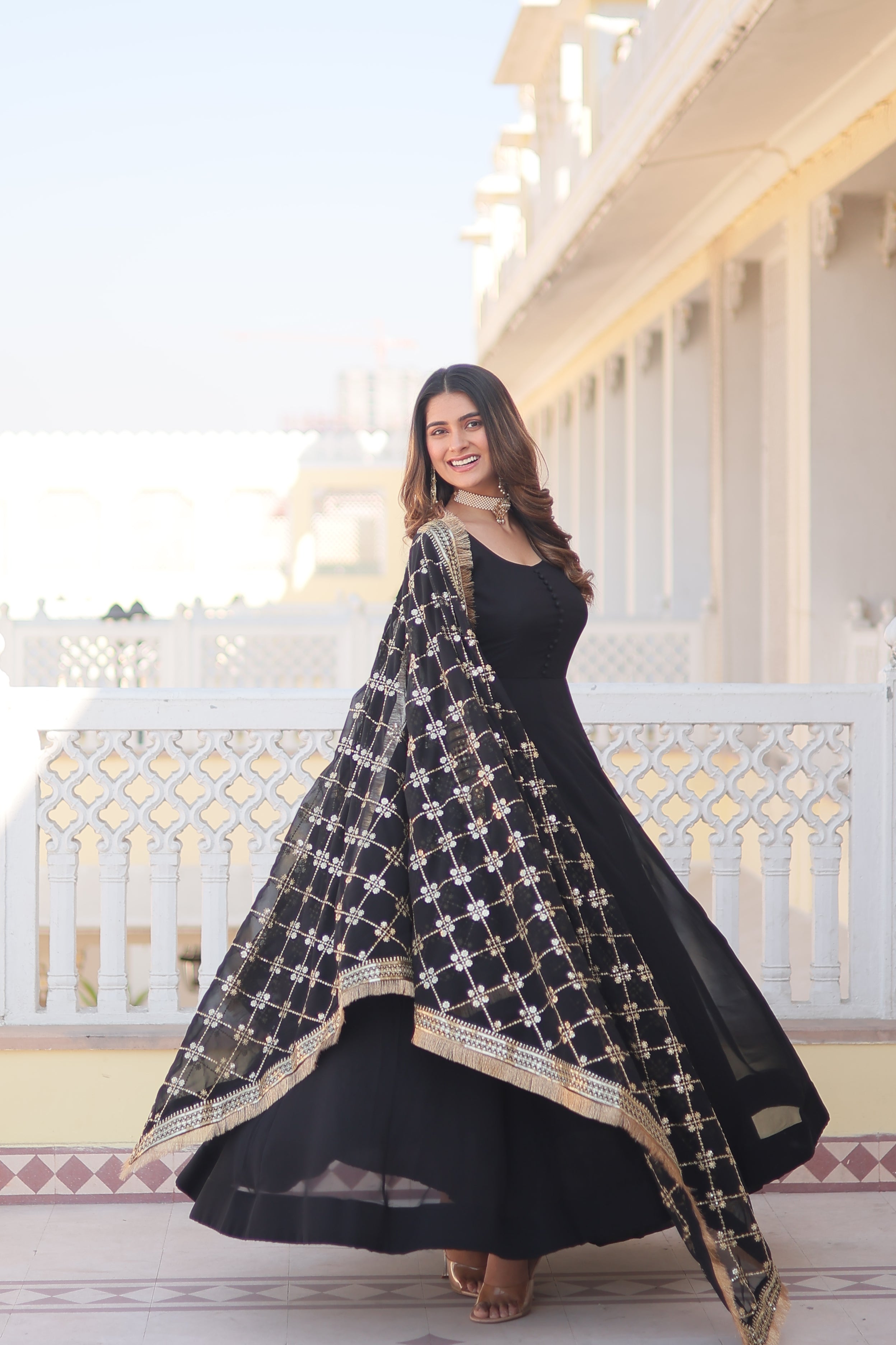 Women’s Black Faux Blooming Gown with Dupatta – Embroidered Sequins & Lace Border