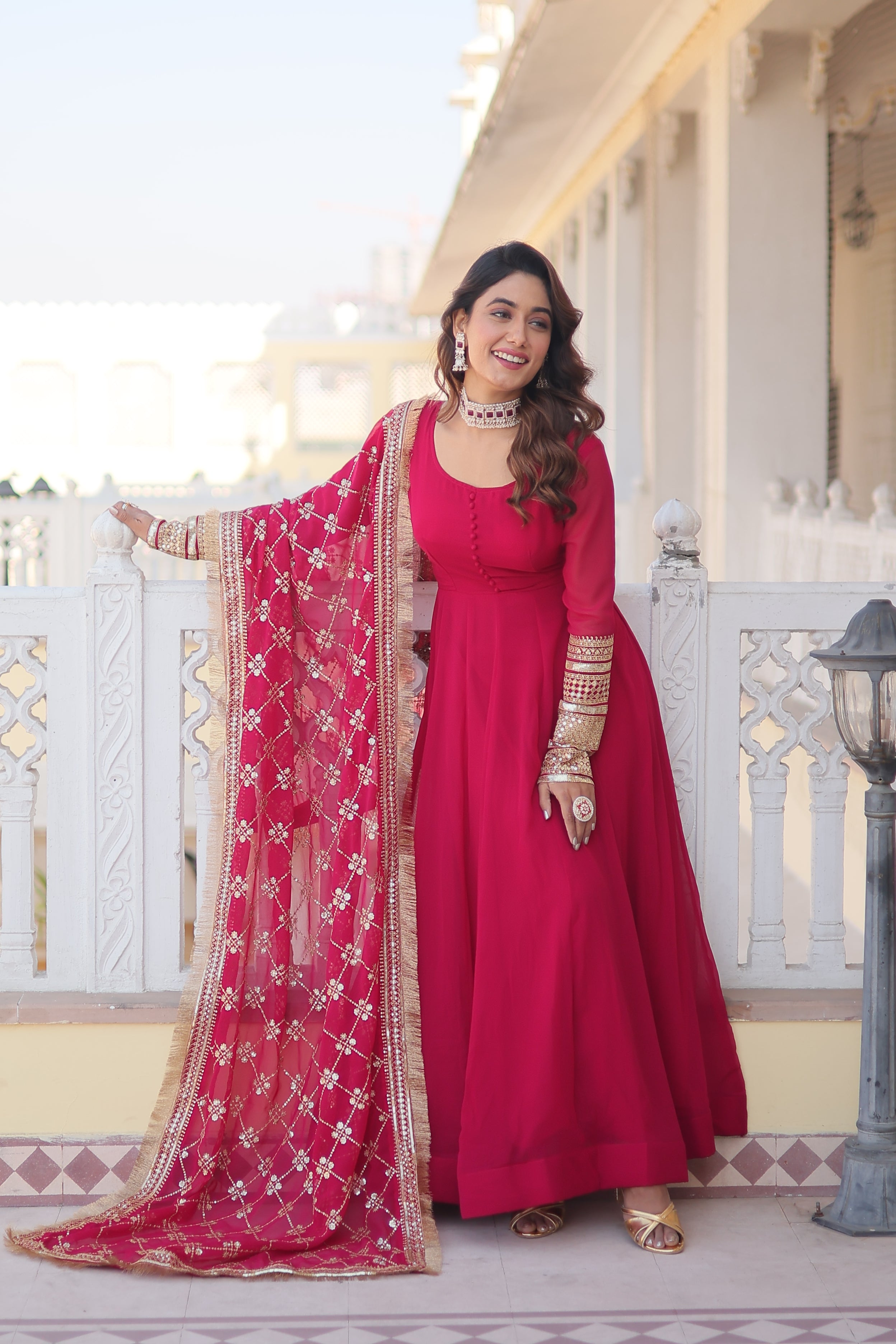 Women’s Pink Faux Blooming Gown with Dupatta – Embroidered Sequins & Lace Border