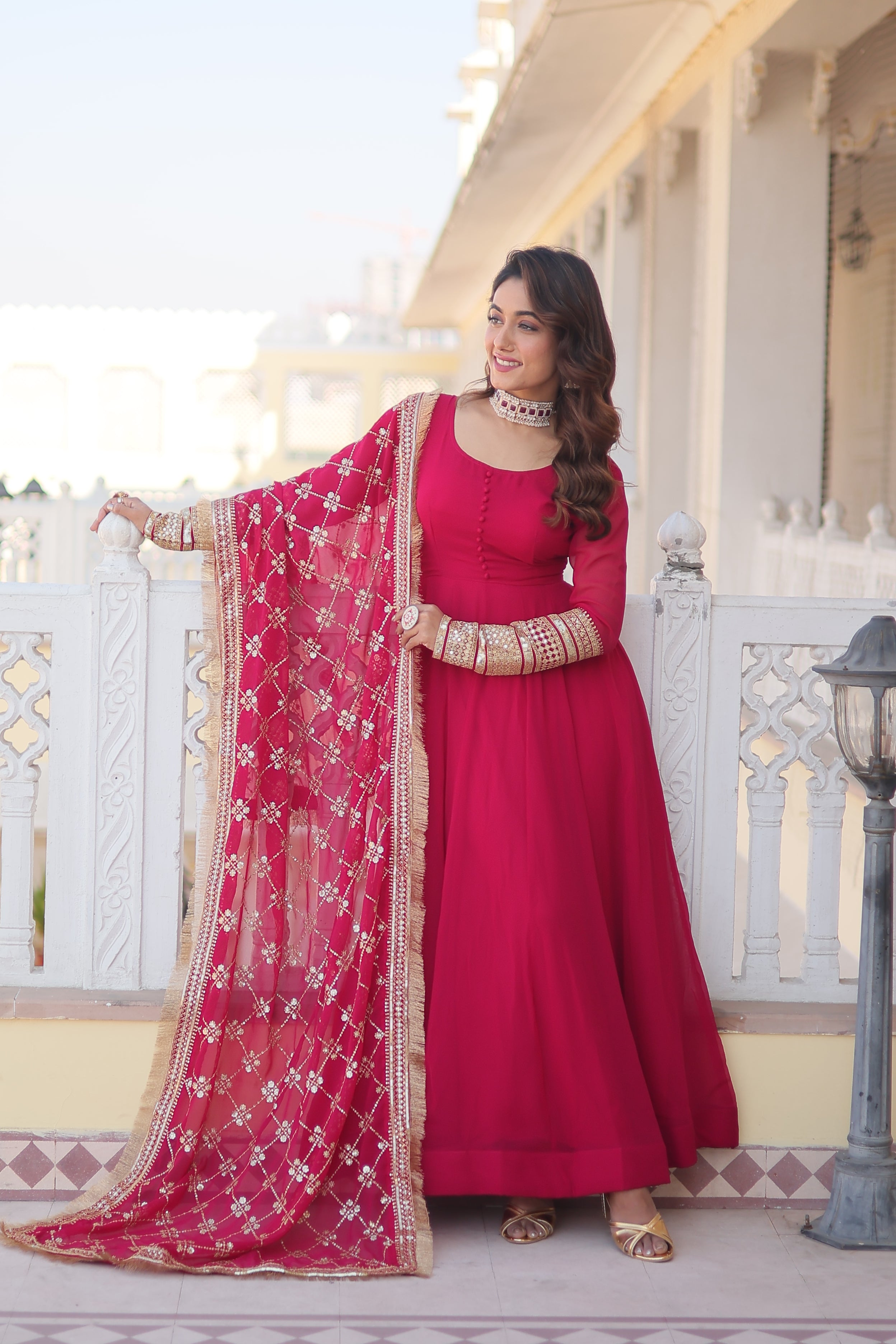 Women’s Pink Faux Blooming Gown with Dupatta – Embroidered Sequins & Lace Border