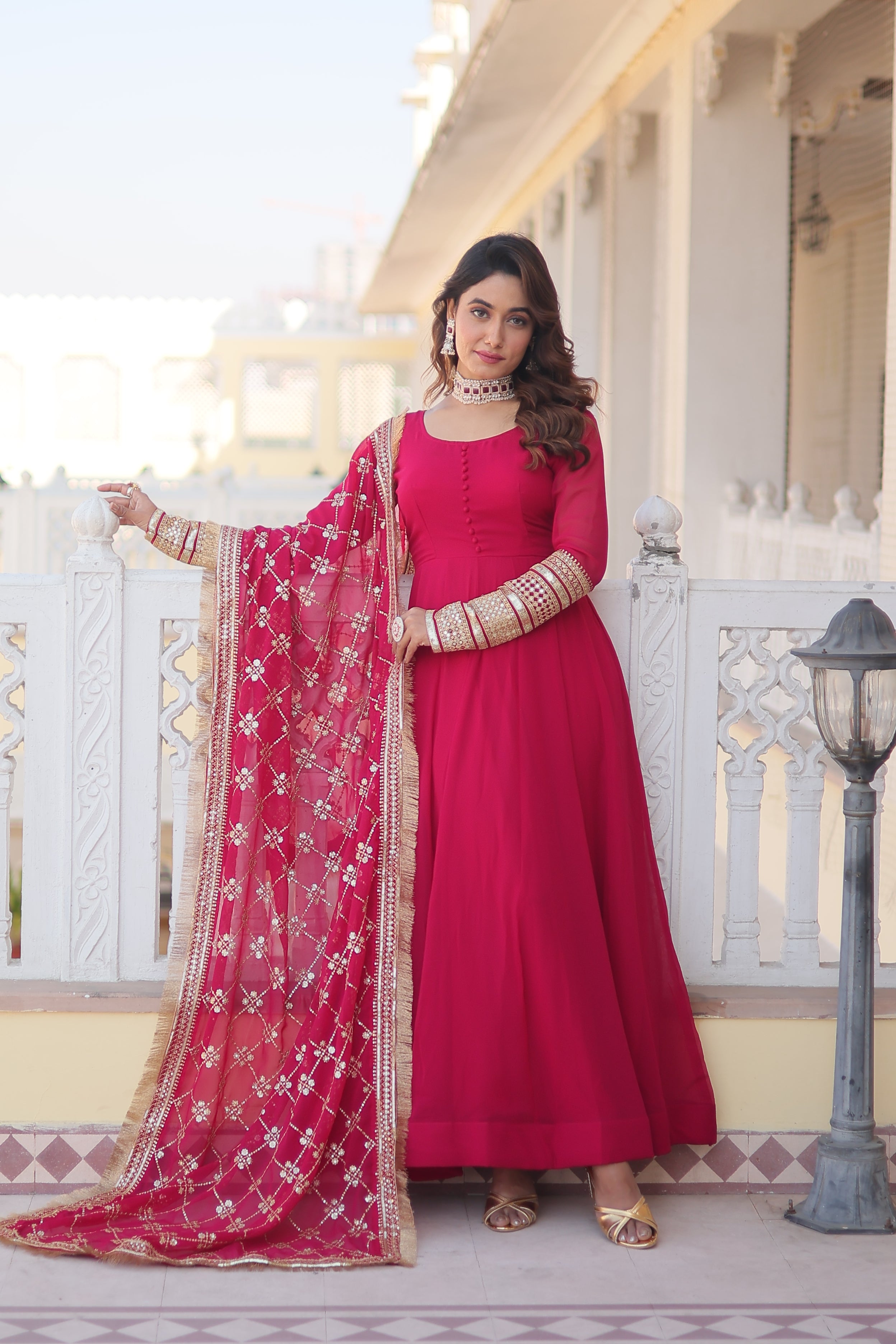 Women’s Pink Faux Blooming Gown with Dupatta – Embroidered Sequins & Lace Border
