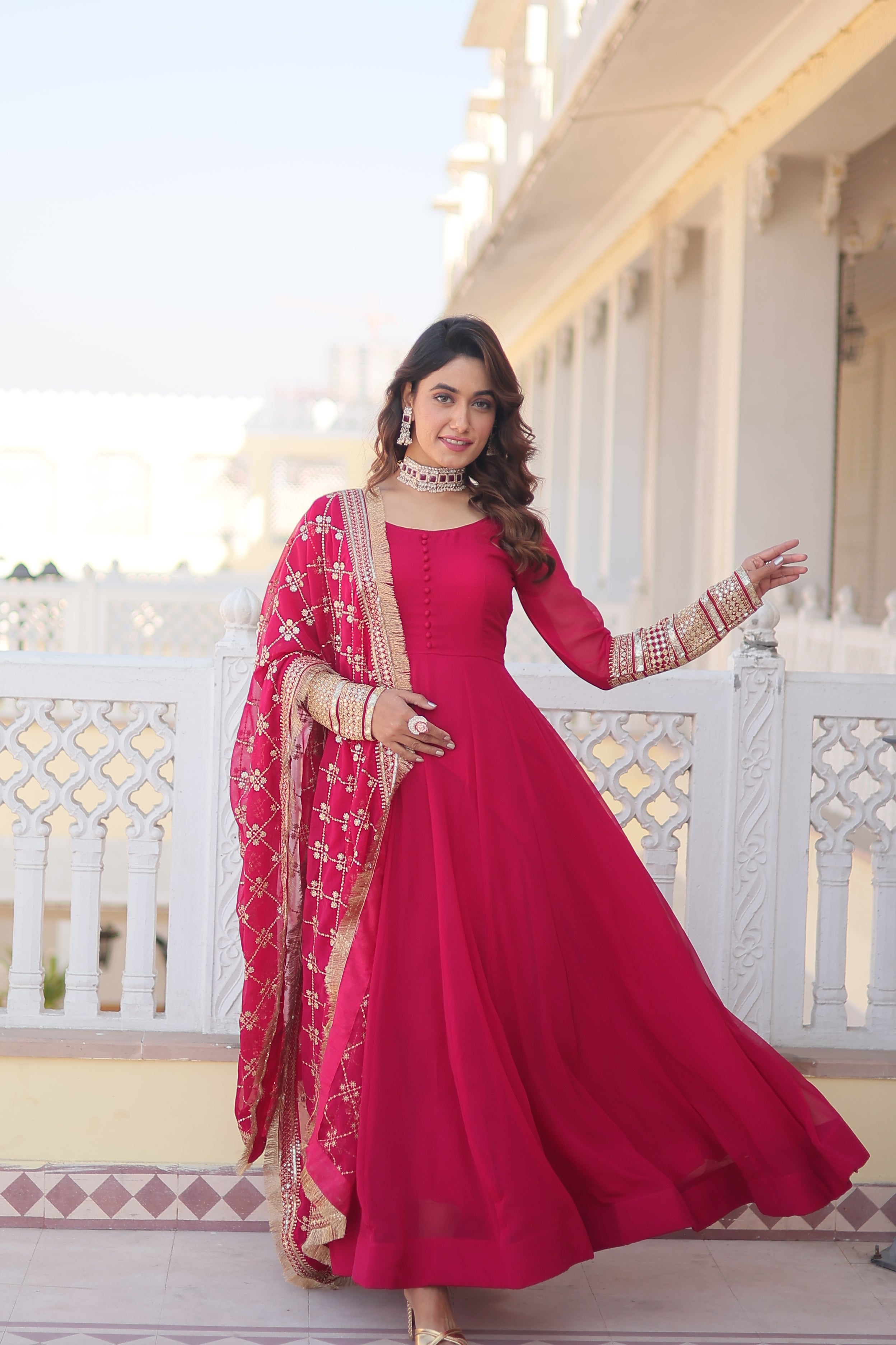Women’s Pink Faux Blooming Gown with Dupatta – Embroidered Sequins & Lace Border