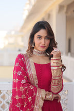Women’s Pink Faux Blooming Gown with Dupatta – Embroidered Sequins & Lace Border