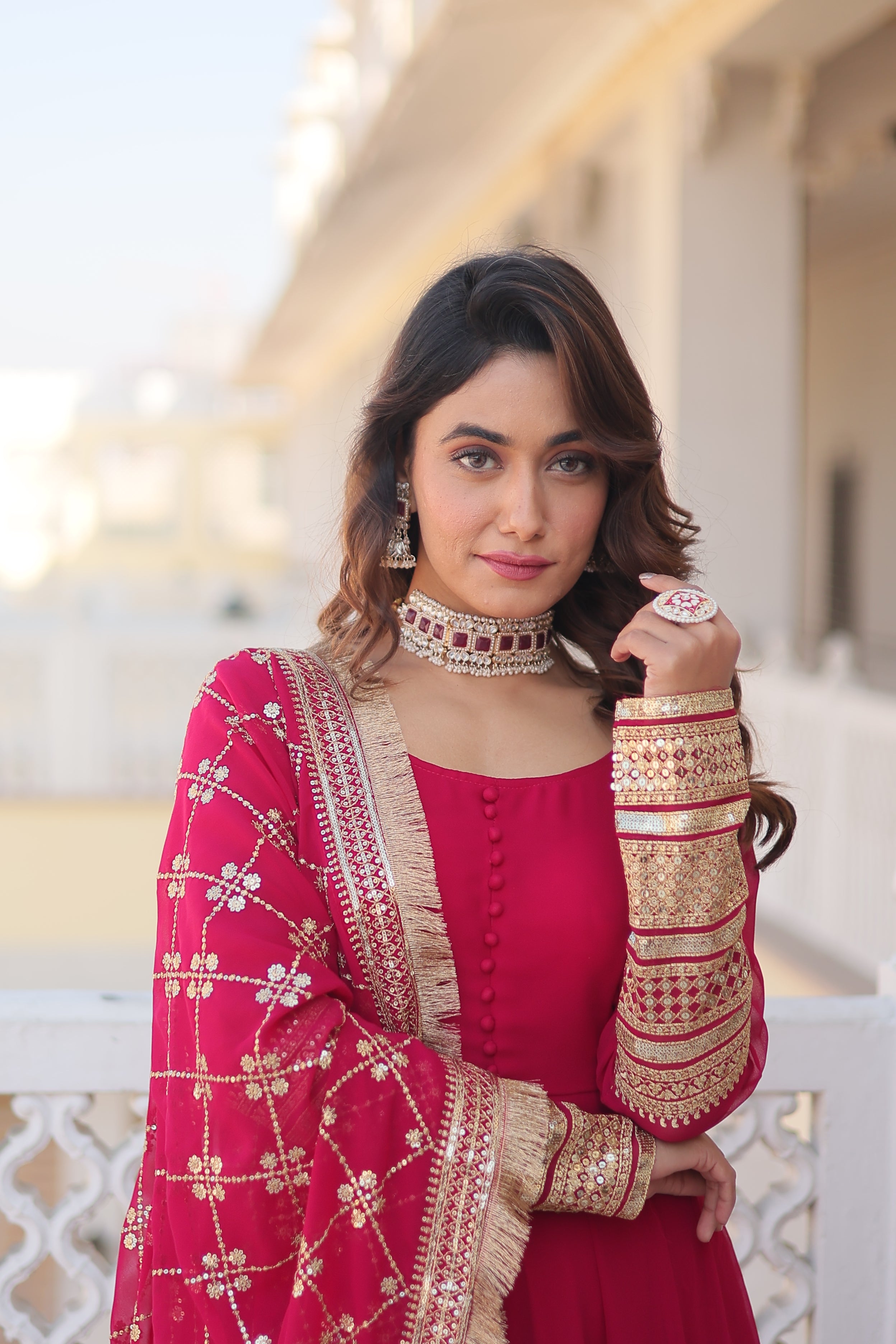 Women’s Pink Faux Blooming Gown with Dupatta – Embroidered Sequins & Lace Border