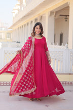 Women’s Pink Faux Blooming Gown with Dupatta – Embroidered Sequins & Lace Border