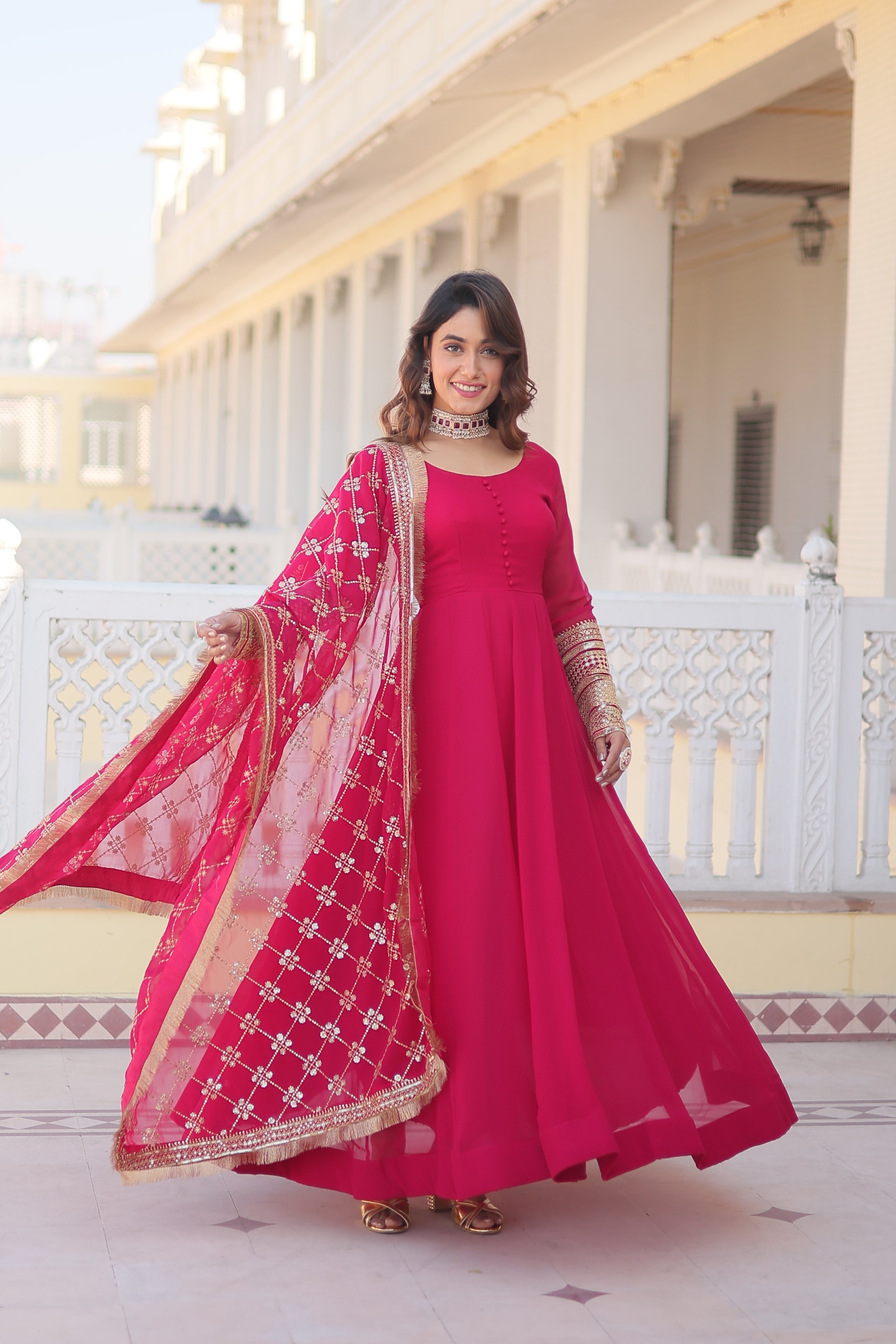 Women’s Pink Faux Blooming Gown with Dupatta – Embroidered Sequins & Lace Border