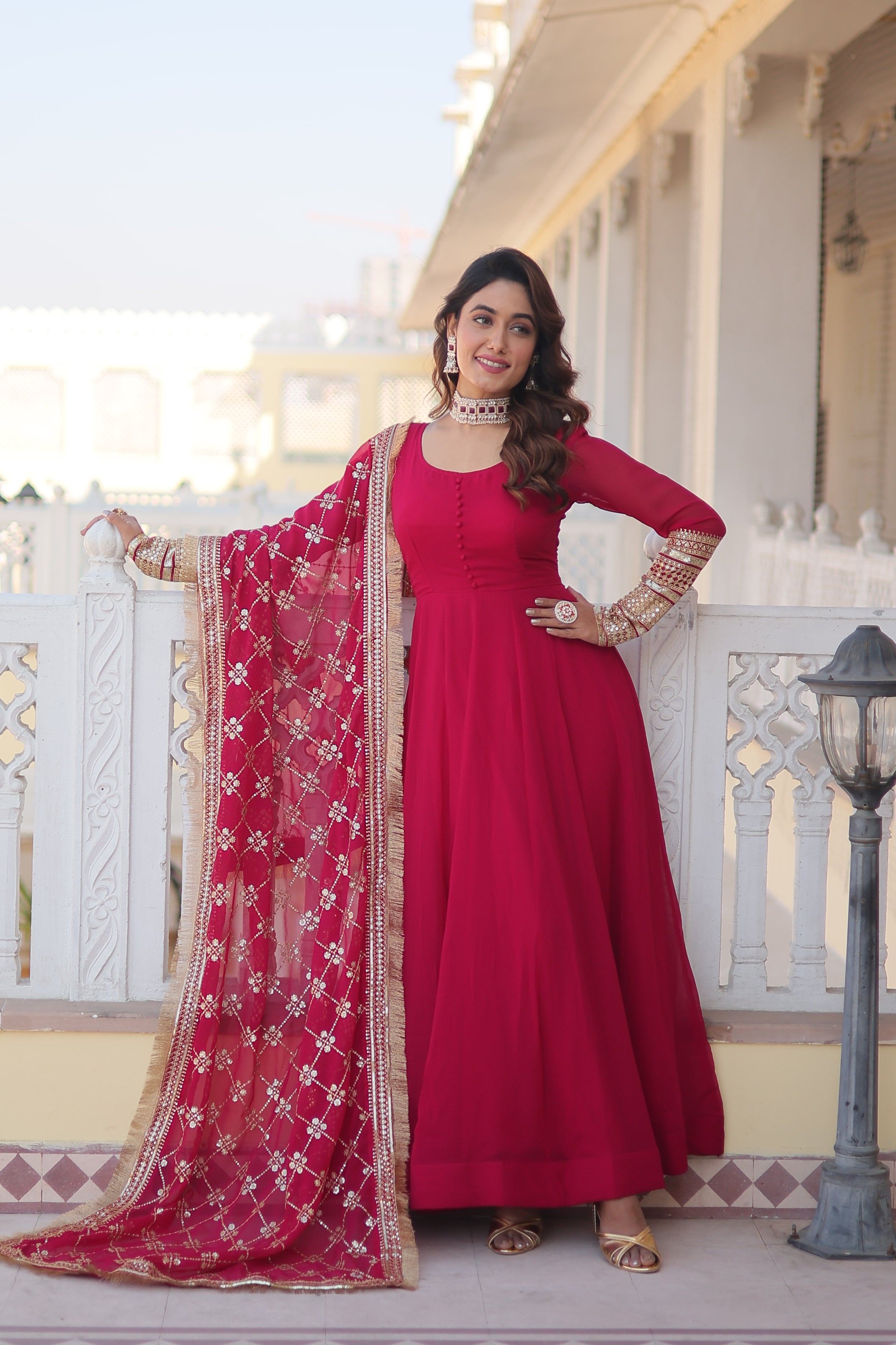 Women’s Pink Faux Blooming Gown with Dupatta – Embroidered Sequins & Lace Border