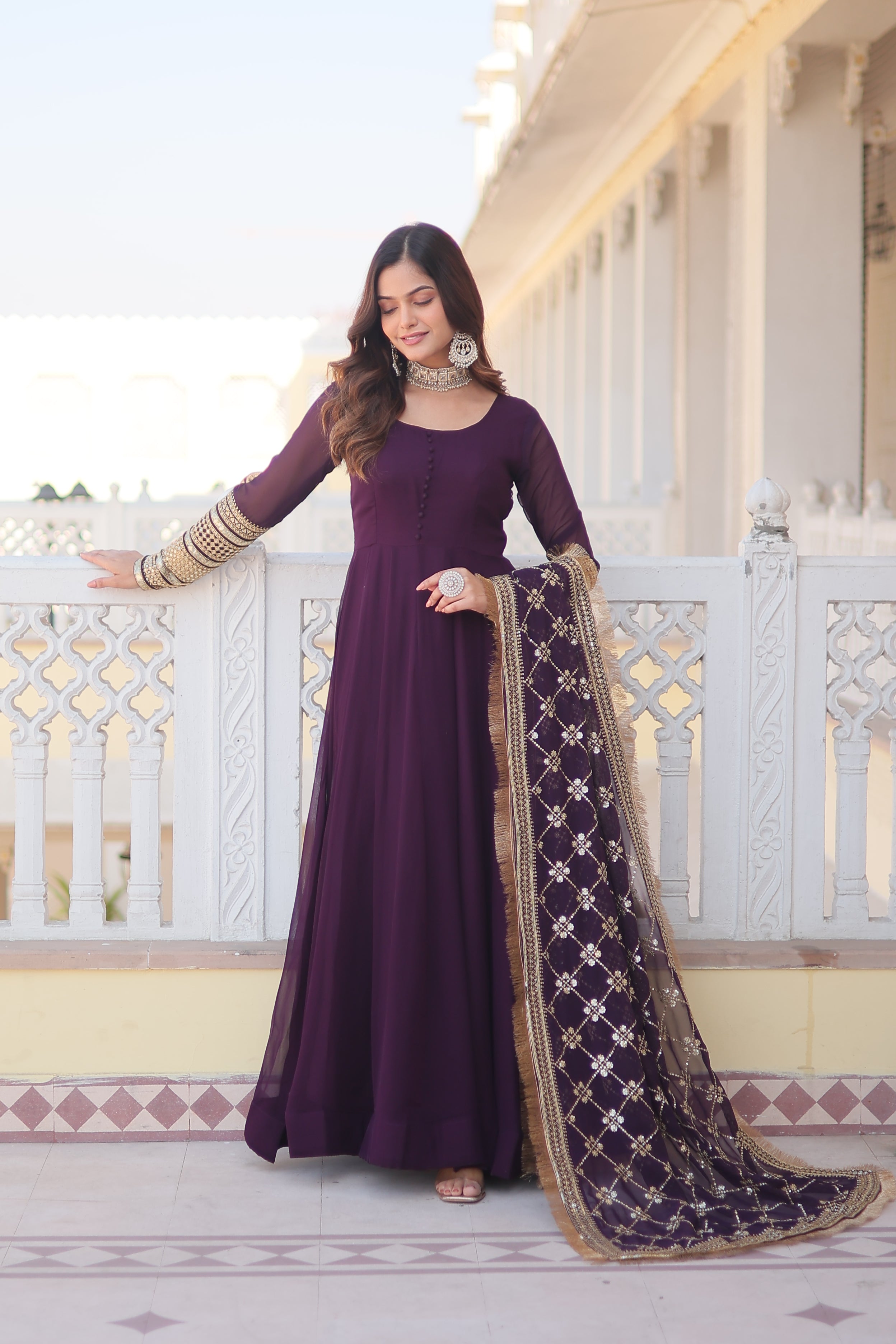 Women’s Wine Faux Blooming Gown with Dupatta – Embroidered Sequins & Lace Border