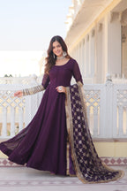Women’s Wine Faux Blooming Gown with Dupatta – Embroidered Sequins & Lace Border