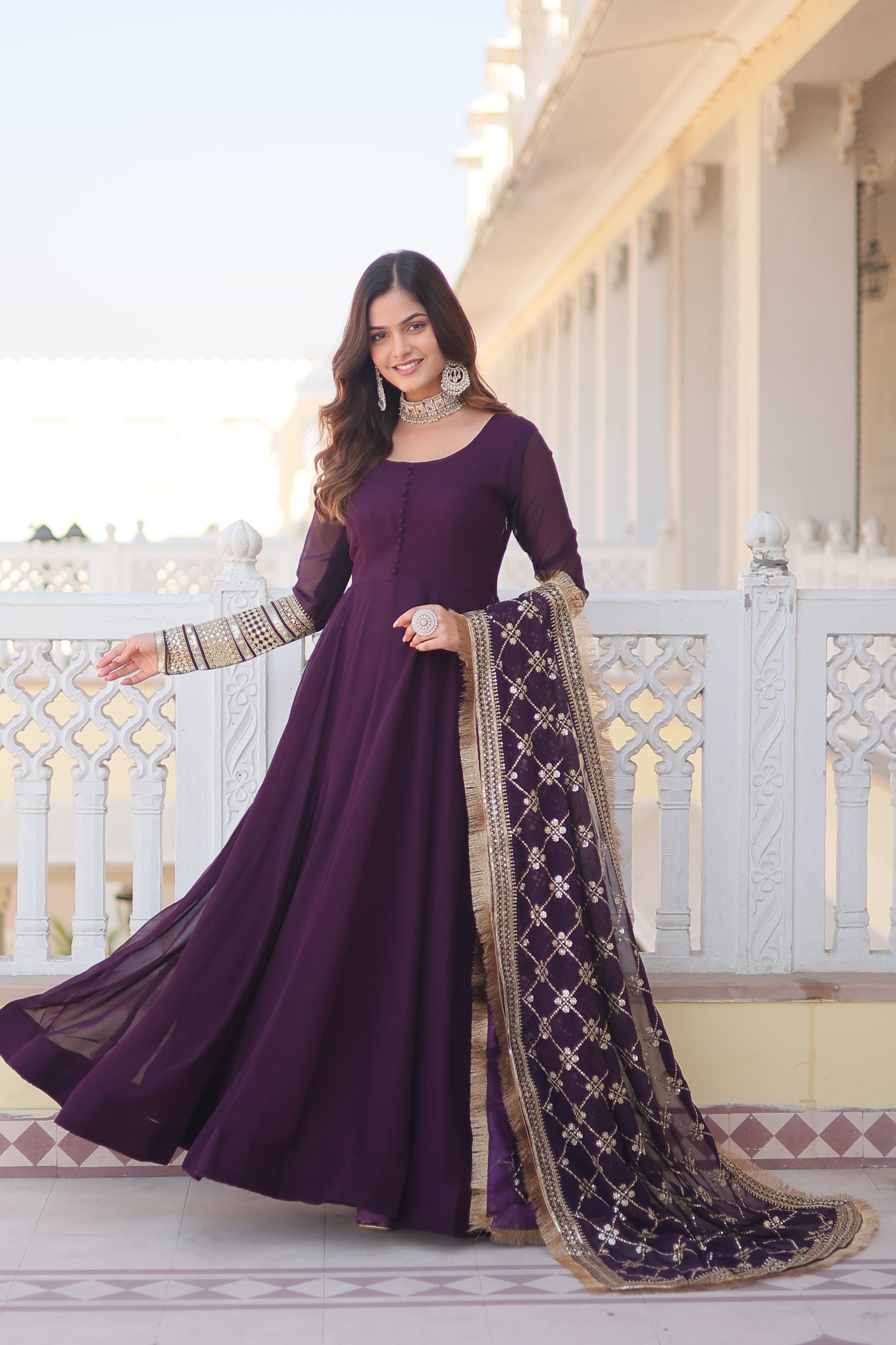 Women’s Wine Faux Blooming Gown with Dupatta – Embroidered Sequins & Lace Border
