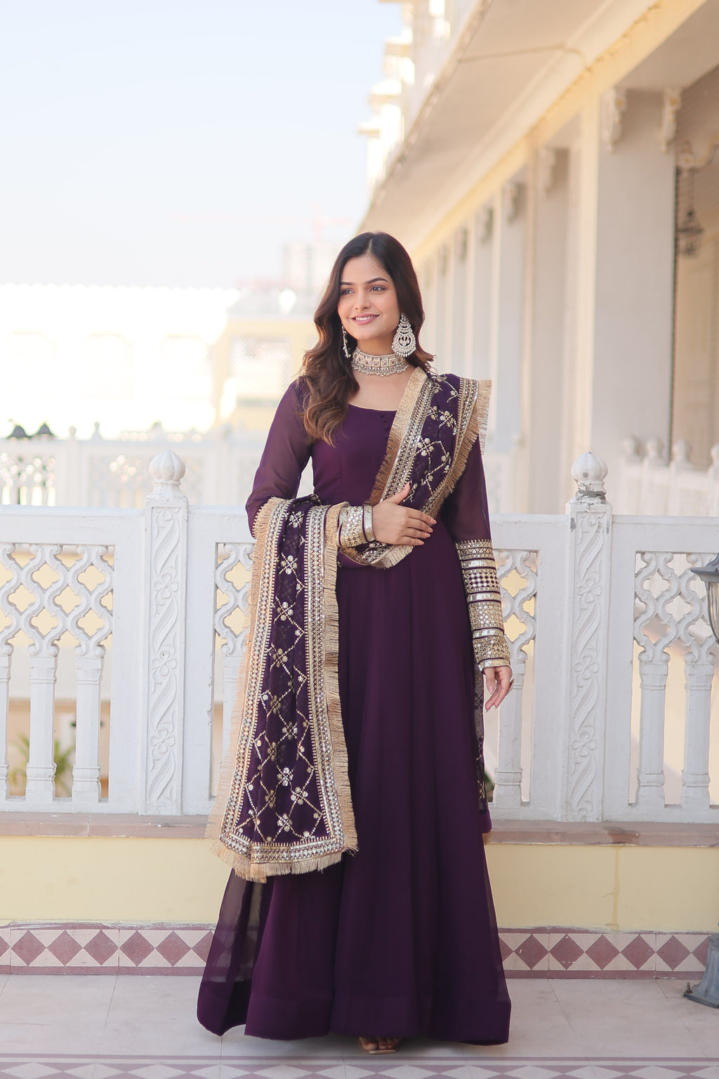 Women’s Wine Faux Blooming Gown with Dupatta – Embroidered Sequins & Lace Border