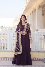 Women’s Wine Faux Blooming Gown with Dupatta – Embroidered Sequins & Lace Border